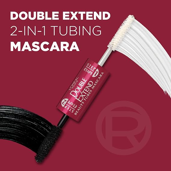 ماكياج لوريال باريس مزدوج تمديد ماسكارا الأنابيب ، إطالة ماسكارا 2 خطوة ، Smudgeproof ، أسود