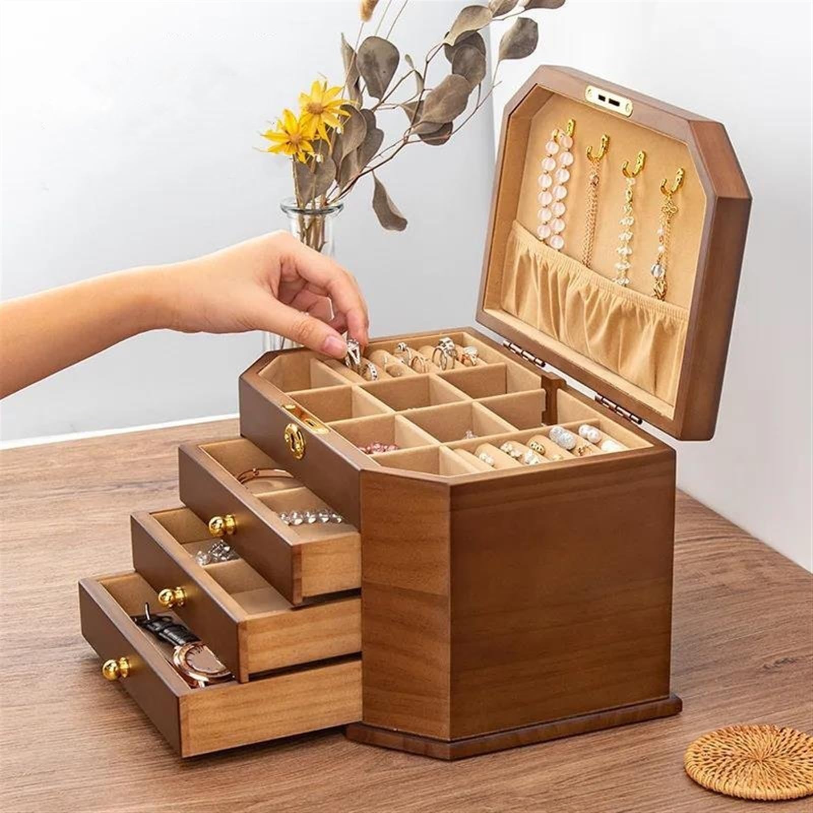 Caja para Anillos de Madera Maciza, Almacenamiento de Joyas con Cerradura, Pendientes y Collares, Gran Capacidad, Cajas Sencillas de Estilo Vintage para joyería.