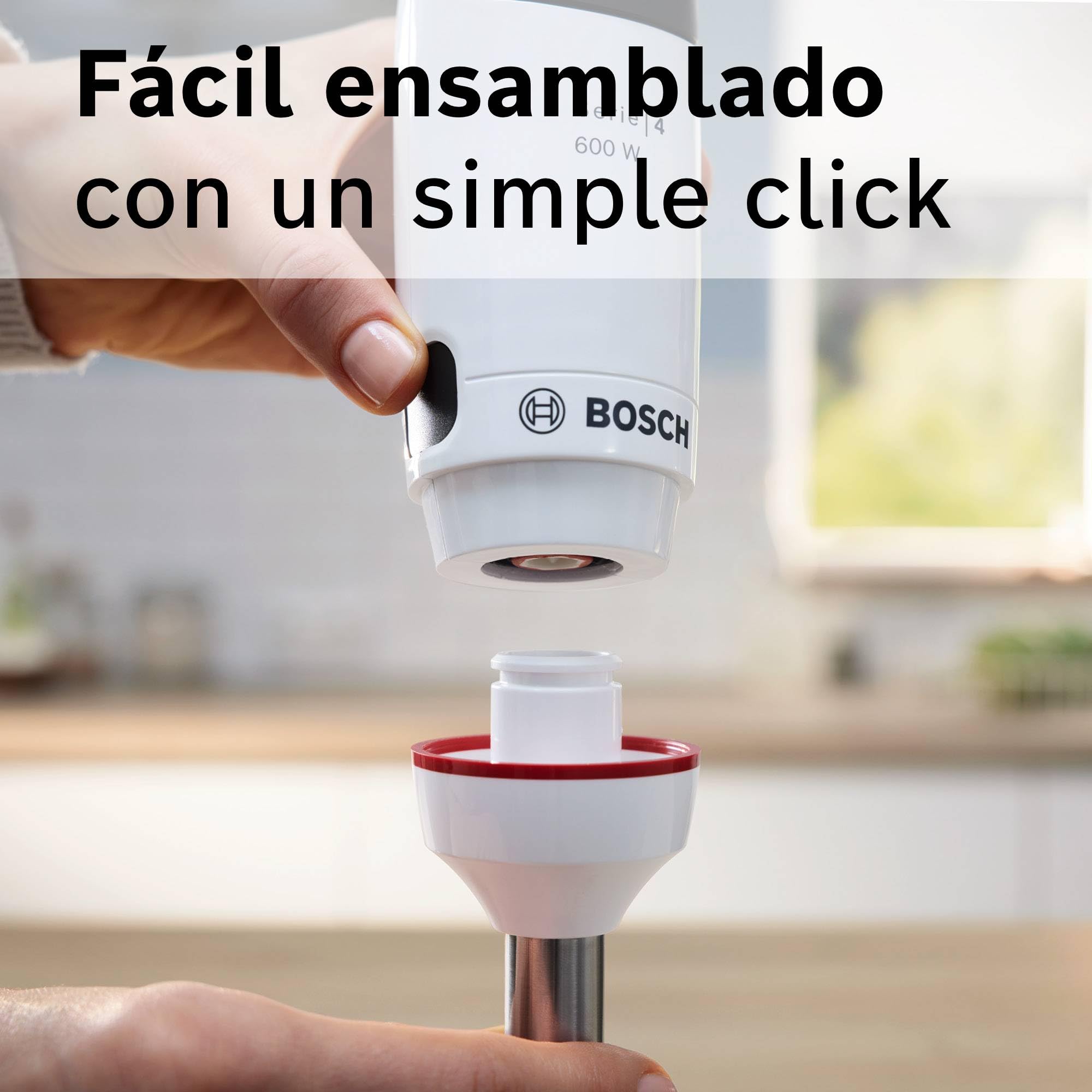 Bosch - Batidora de mano ErgoMaster Serie 4, 600 W, Control de velocidad dinámico, QuattroBlade, Vaso mezclador incluido, Blanco, MSM4W210