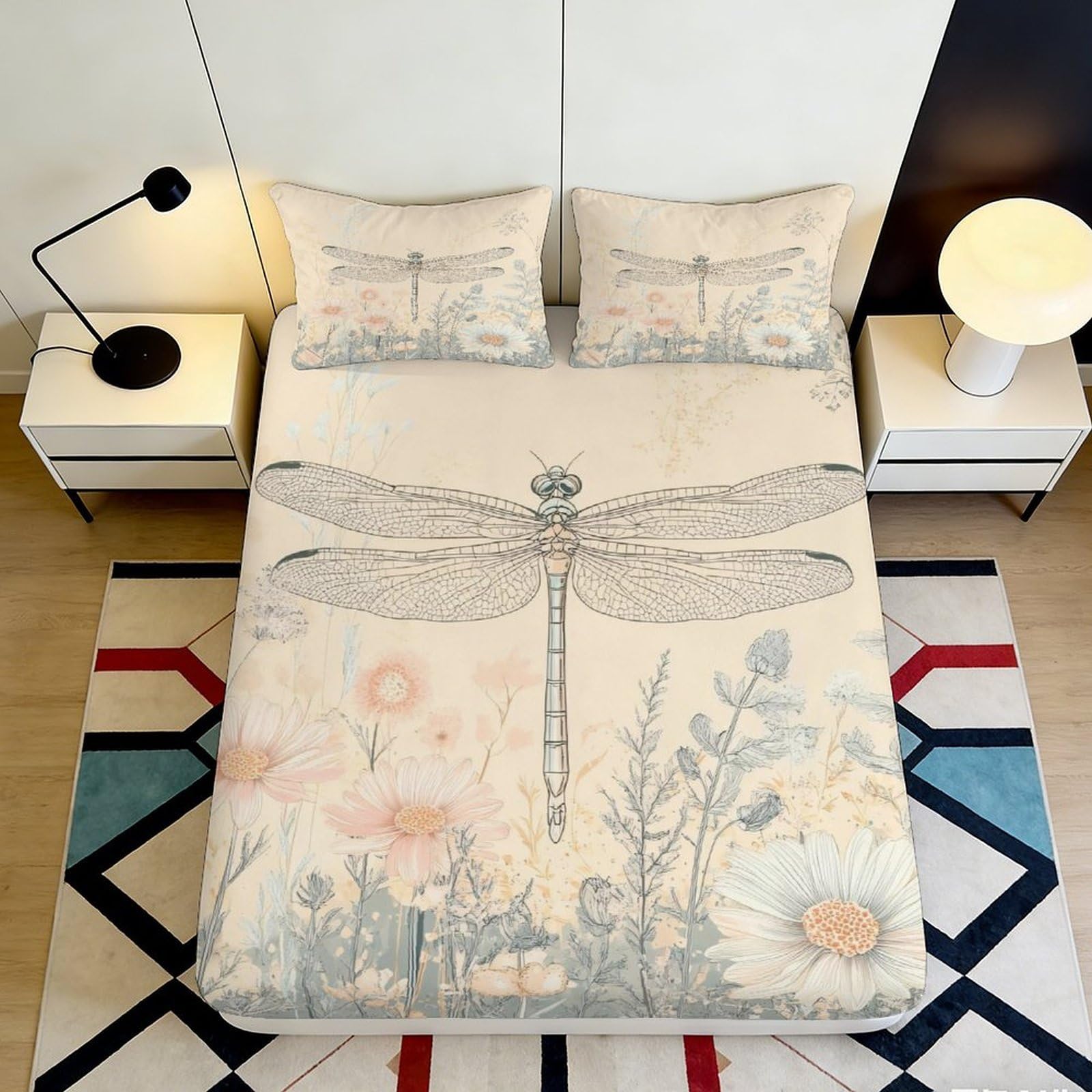 3D Printed Dragonfly Floral Fitted Sheet Microfiber Soft Breathable Wildflower Bed Cover for Bedroom Dormitory Guest Room Mattress Protection 180x200x25cm