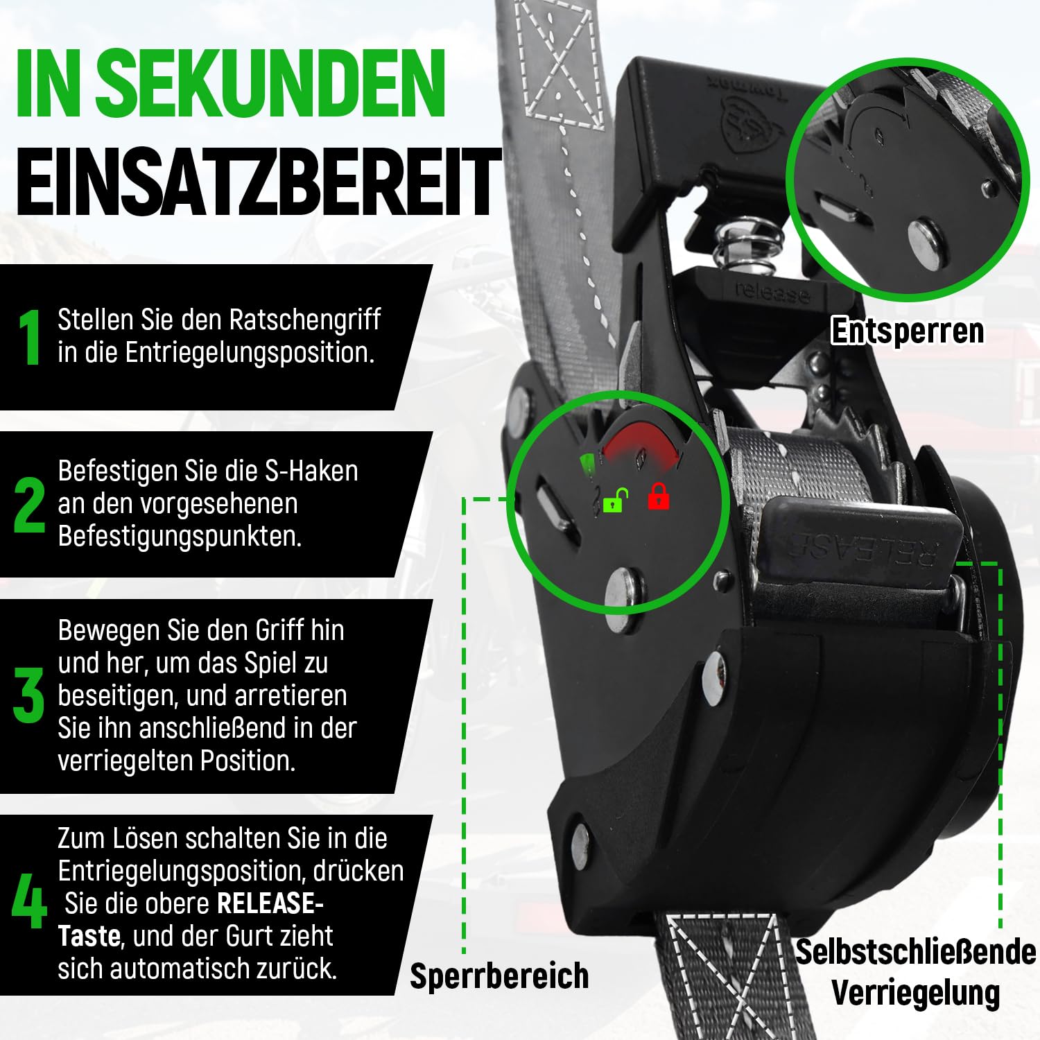 Automatik Spanngurt, 3,6m x 25mm Automatik Zurrgurt mit S Haken | 800kg Bruchlast Einziehbare Spanngurte, Selbstaufrollende Spanngurte für Motorrad, Kajak, LKW und Anhänger (Grau, 4 Stück)