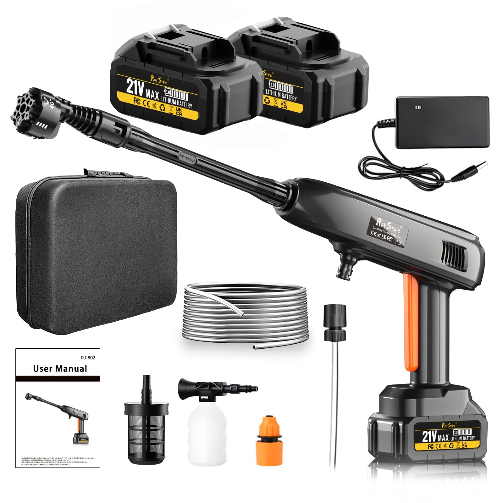 Nettoyeur haute pression sans fil portable – Lot de 2 batteries 1200 PSI 336 l/h – Nettoyeur haute pression sans fil à piles avec buse 6 en 1, canon à mousse réglable pour voiture et jardin