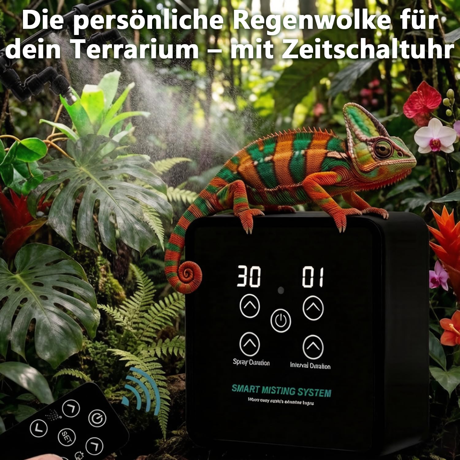 Reptilien Benebelungssystem Terrarium, Intelligentes Reptilien Luftbefeuchter mit Schlauch mit Timer und Sprühdüsen 360 ° Verstellbare, Vernebler Terrarium für Amphibien Pflanzen