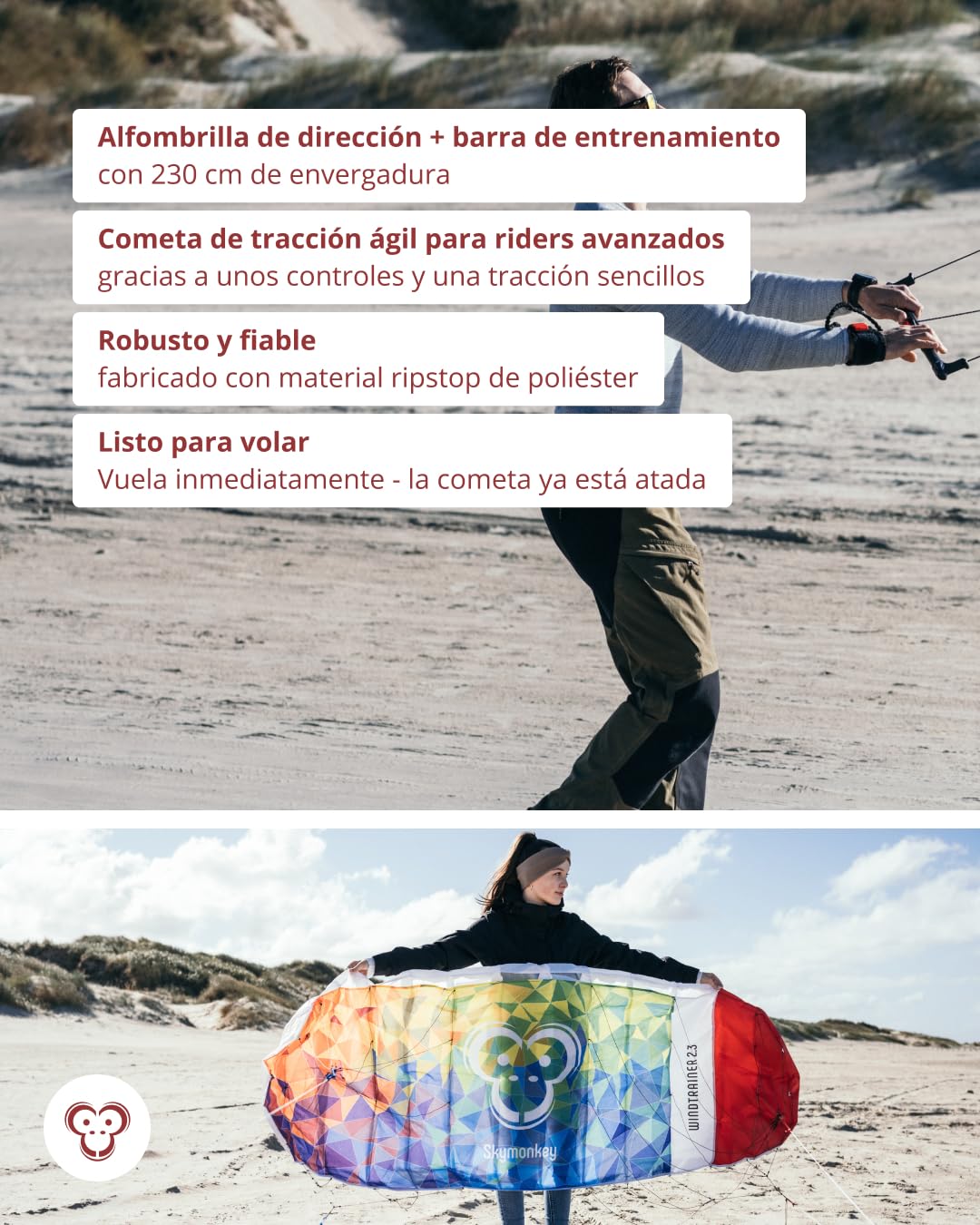 Skymonkey Windtrainer 3.3 Parafoil 4-Cordones Cometa acrobática Ready 2 Fly - Envergadura: 330 cm