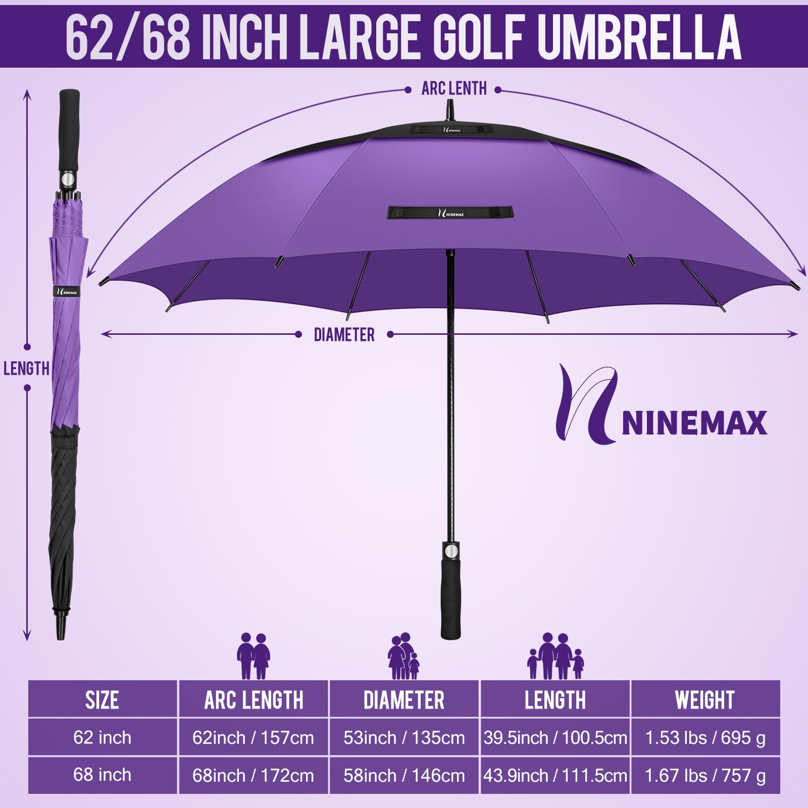 NINEMAX Ombrello Golf Grande 62/68 Inch Ombrello Pioggia Grande Antivento Doppia Copertura con Apertura Automatica
