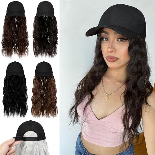 Qlenkay Peluca de gorra de béisbol de 24 pulgadas, extensiones sintéticas largas y onduladas, gorra ajustable, cabello ondulado 2B para mujer, rubio
