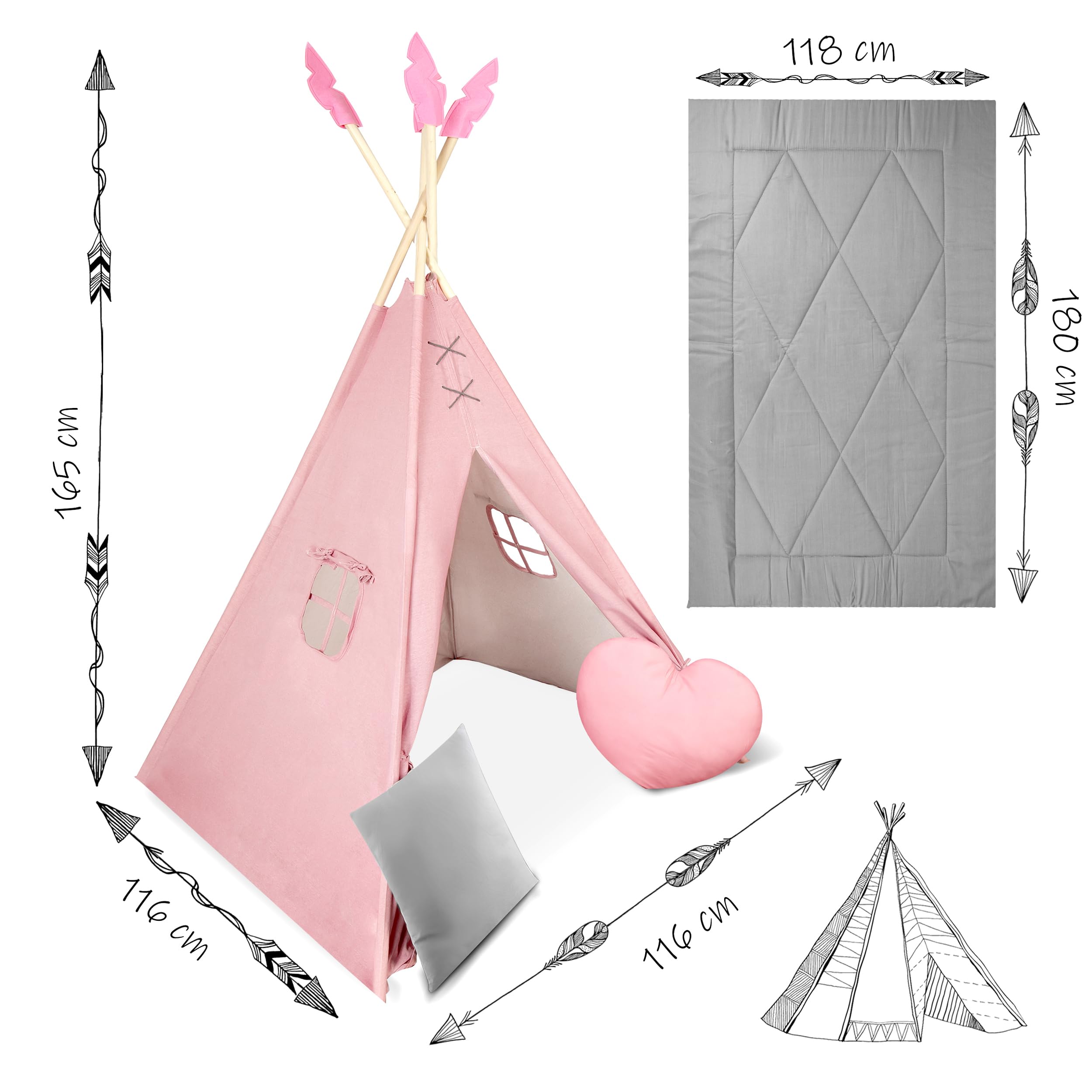Nukido namiot dla dzieci tipi teepee wigwam z girlandą, poduszkami, dużą matą i stabilizatorem różowo-szary