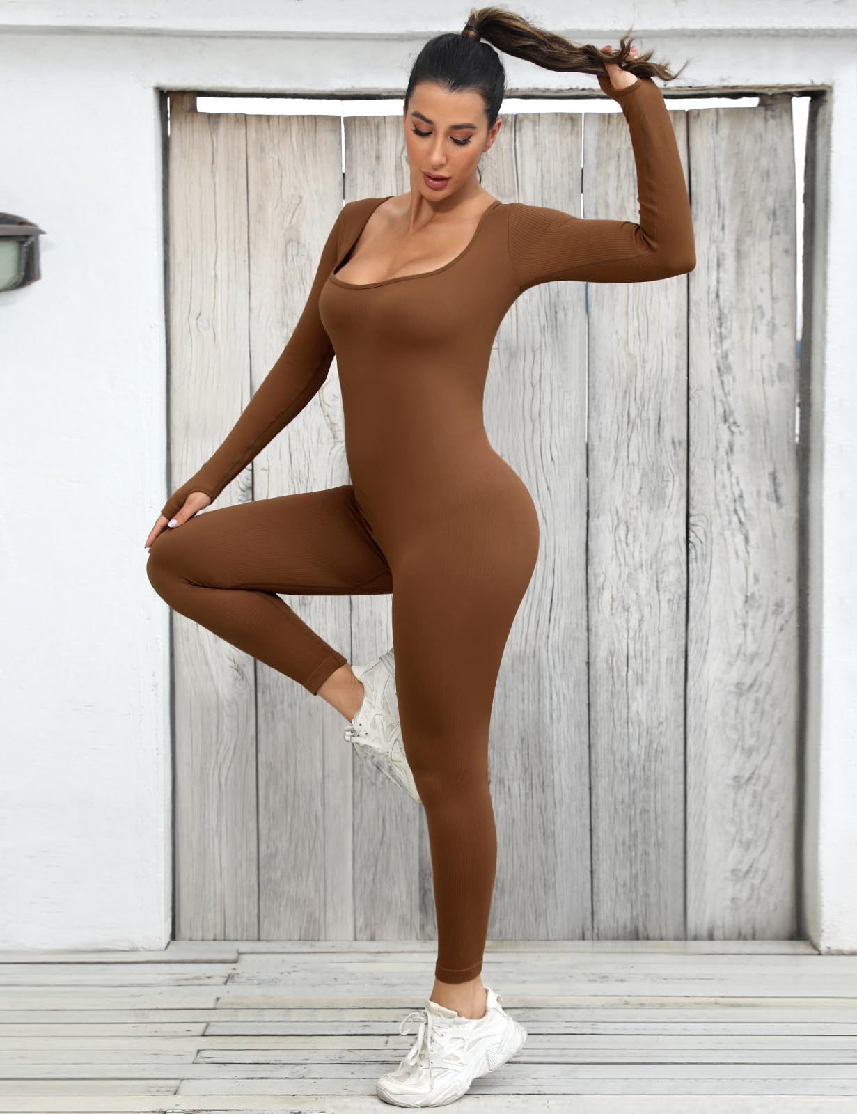 UMIPUBO Tuta Intera Donna Yoga Jumpsuit Sportiva Manica Lunga Tuta Intera Scollo U Completo Tinta Unica One Piece Palestra Leggings Slims Abbigliamento Moda Elastico Rompers Clubwear
