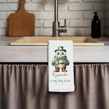 St. Patrick's Day Panda Kitchen Towels, Panda Lovers Gifts Dish Tea Towels for Kitchen, Irish Green Shamrock Lucky Pandas Decorative Hand Towel for Bathroom, 16x24 Inch