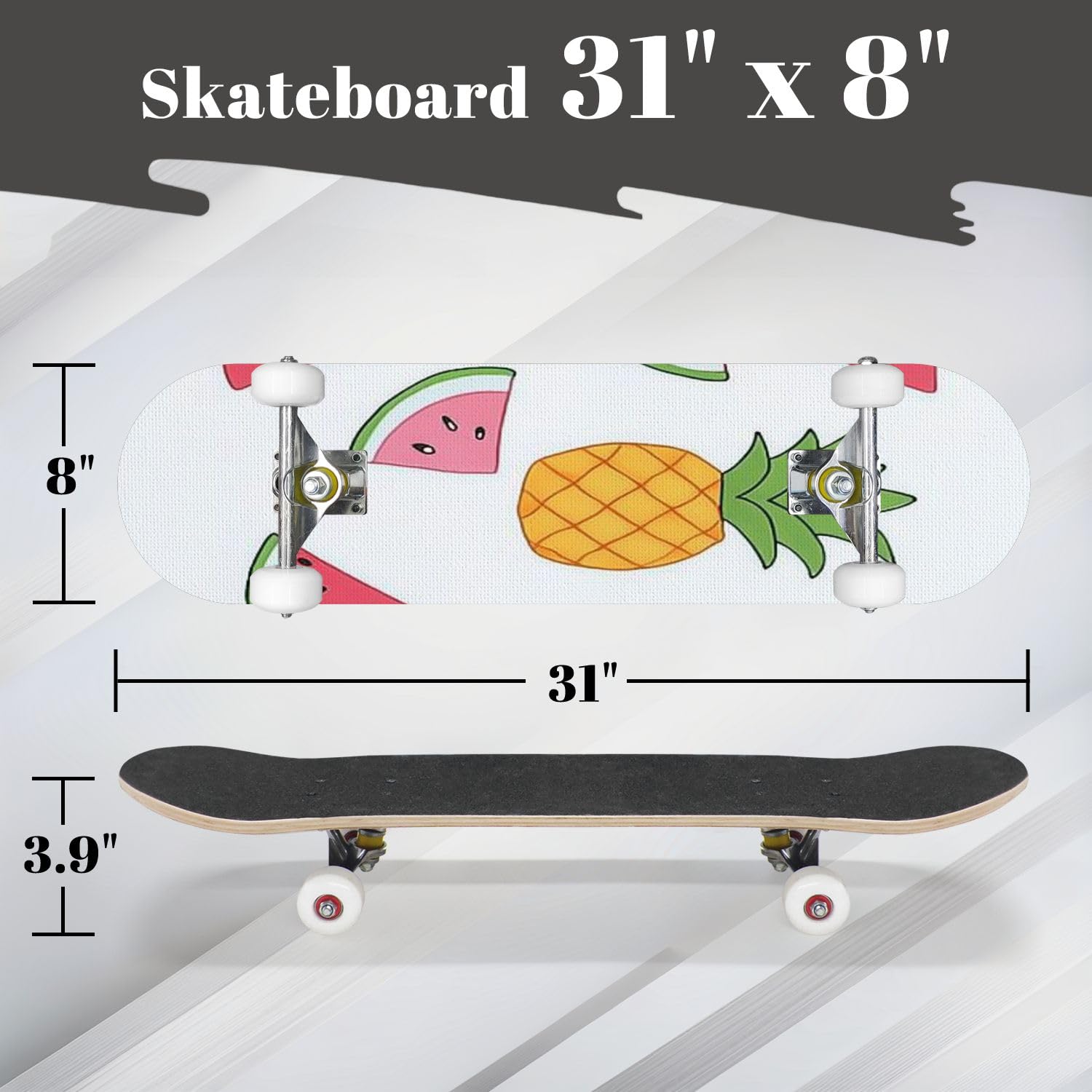 Complete Skateboard with Seamless Cute Slice Watermelon Pineapple White Beginner Skateboard 7-Layer Maple Wood Double Kick Concave Skateboards for Kids, Adults, Teens 31