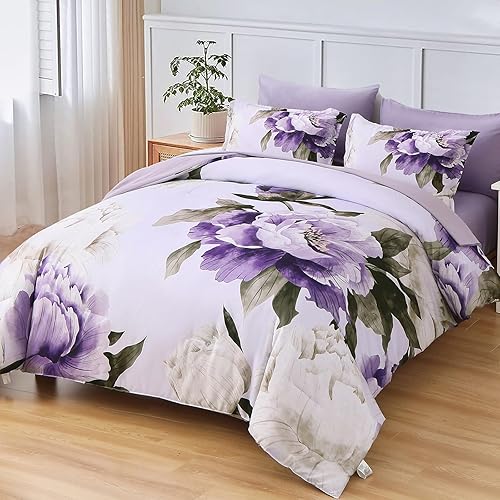 Miniatura 2 de Dobuyly Juego de edredón tamaño Queen de 7 piezas en una bolsa, tamaño Queen, estampado floral morado en morado claro con sábanas, juego completo de