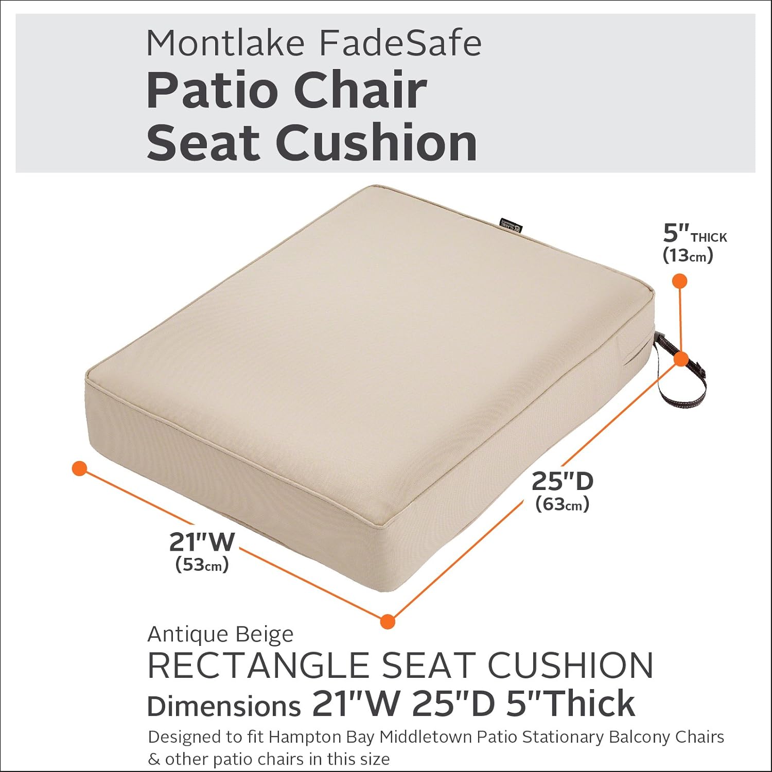 Classic Accessories Montlake Water-Resistant 21 x 25 x 5 Inch Rectangle Outdoor Seat Cushion, Patio Furniture Chair Cushion, Antique Beige, Outdoor Cushion Cover