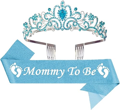Decoraciones de baby shower, Mommy to Be Crown and Sash Mother to Be Sash Baby Shower Boy Mommy to Be Faja y tiara para niños (azul), banda con