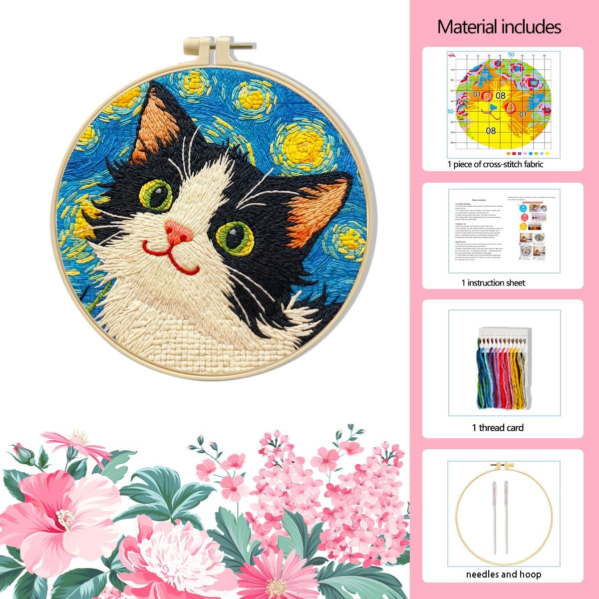 LSLFQYQSK Beginners Embroidery Kits - The Little Cat at Night DIY Cross Stitch Kits,Including,Stamped Flower Patterns,Hoop,Color Threads,Tools (Style C)