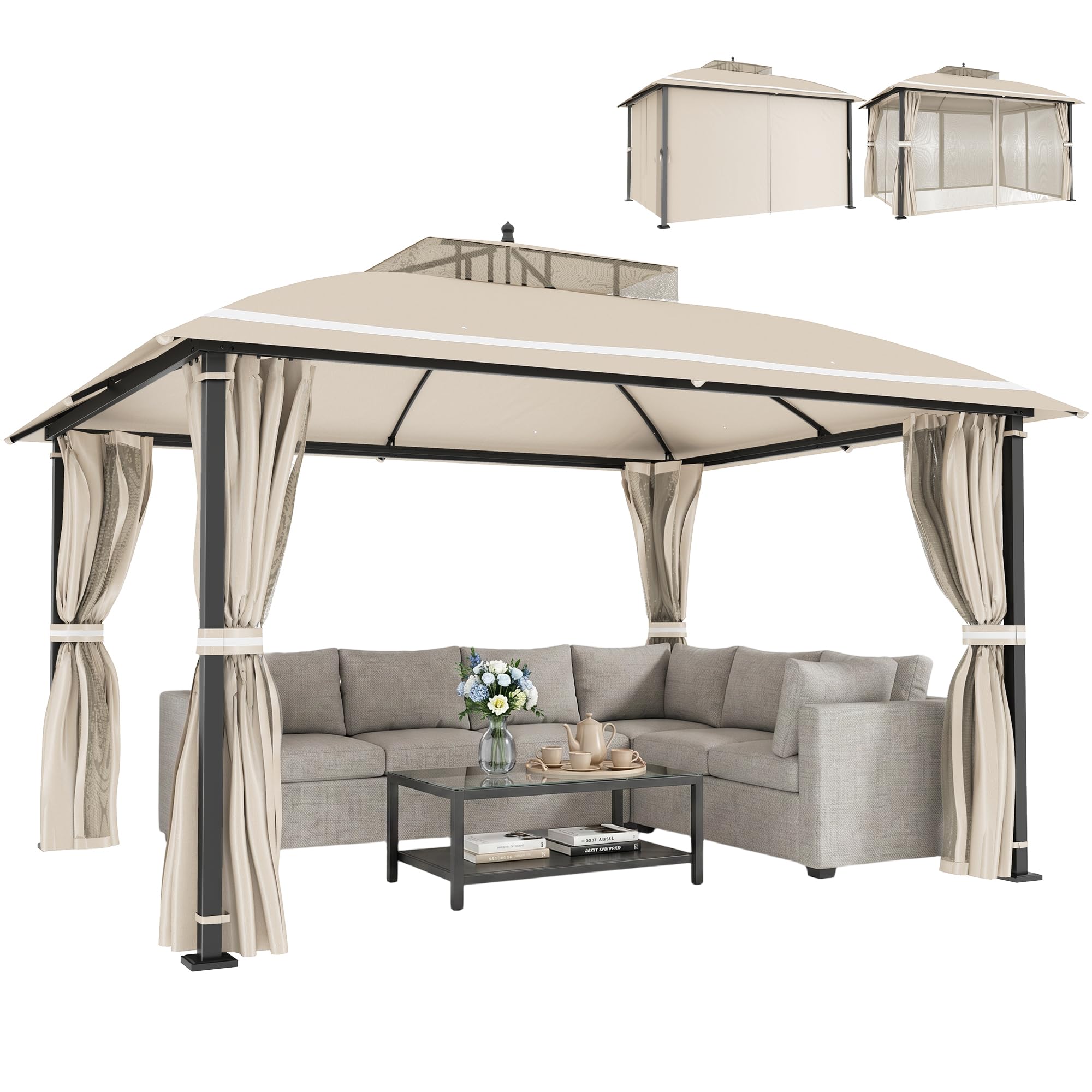 Outsunny Gazebo da Giardino 3.7x3m con Zanzariere, Doppio Tetto, Fori di Drenaggio e Pareti Laterali, Gazebo da Esterno in Metallo e Poliestere, per Giardino, Feste, Campeggio, Protezione UV, Beige