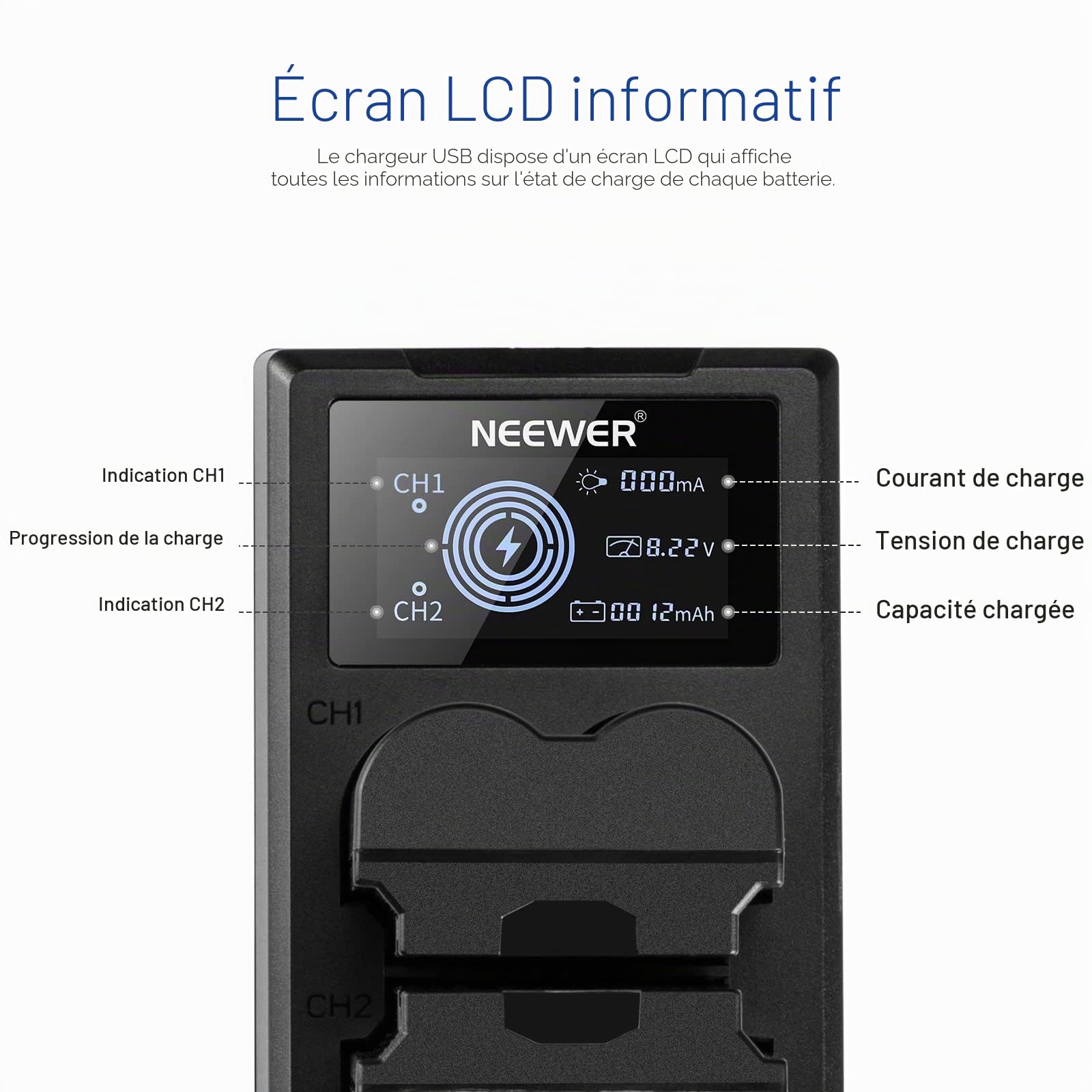 NEEWER NP-W235 Lot de 2 chargeurs de Batterie pour Appareil Photo - Double Fente USB - avec écran LCD - 2400 mAh - Batteries de Rechange compatibles avec Fujifilm X-T5 X-T4 GFX 100S X-H2S GFX 50S II