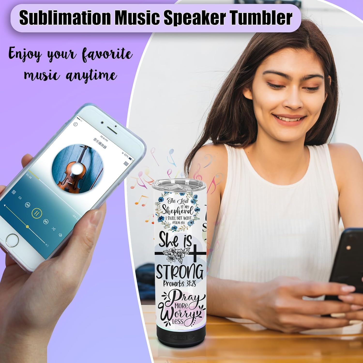 2 Pack 20 Oz Music Speaker Tumbler, Sublimation Music Tumbler Blanks, Double Wall Vacuum Insulated Coffee Mug with Detachable LED Light, Speaker Cup (Black) - Image 3