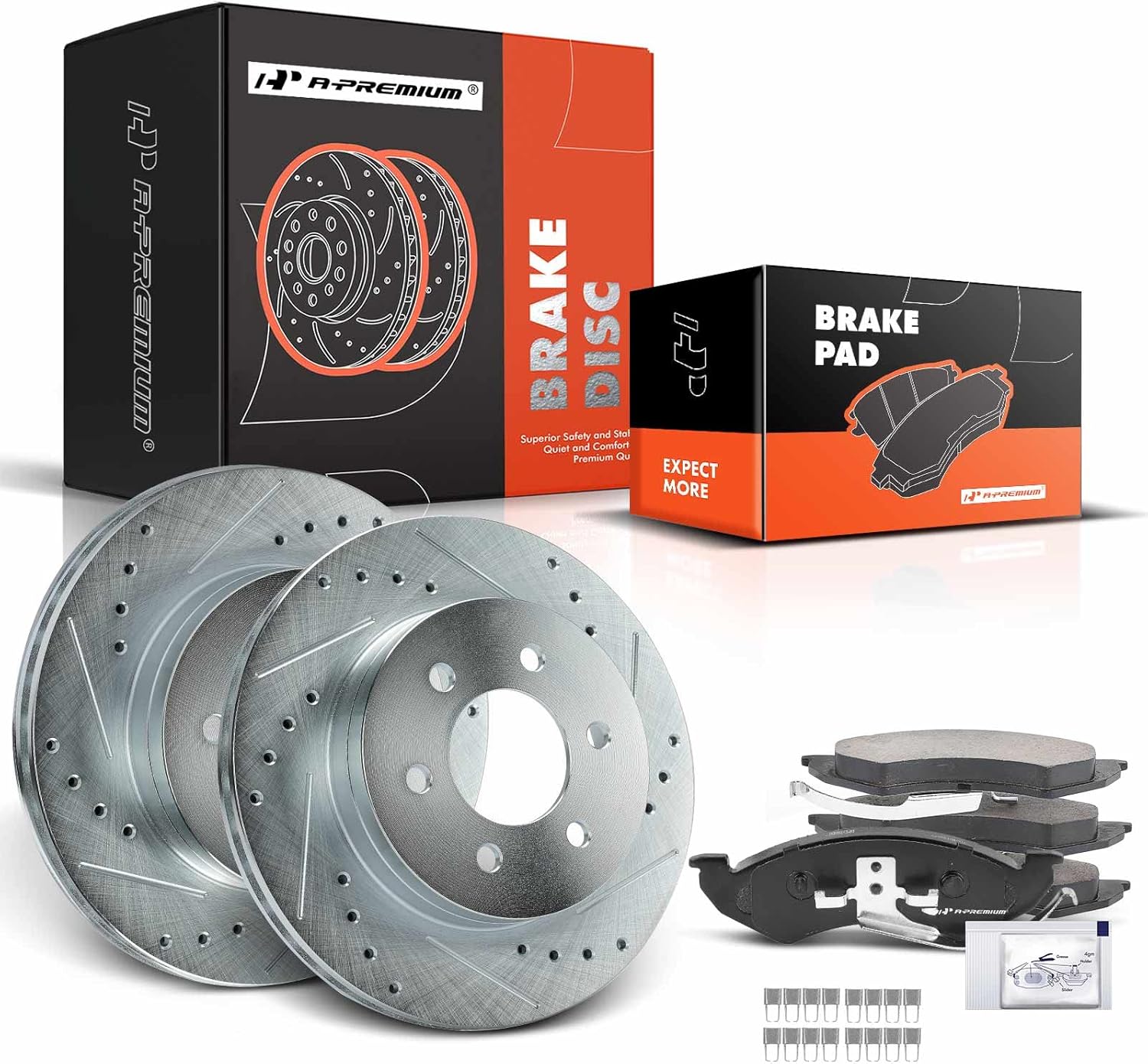 A-Premium 11.29 inch (287mm) Front Drilled and Slotted Disc Brake Rotors + Ceramic Pads Kit Compatible with Select Dodge Models - Durango 1998-1999, Dakota 1999, 6-PC Set