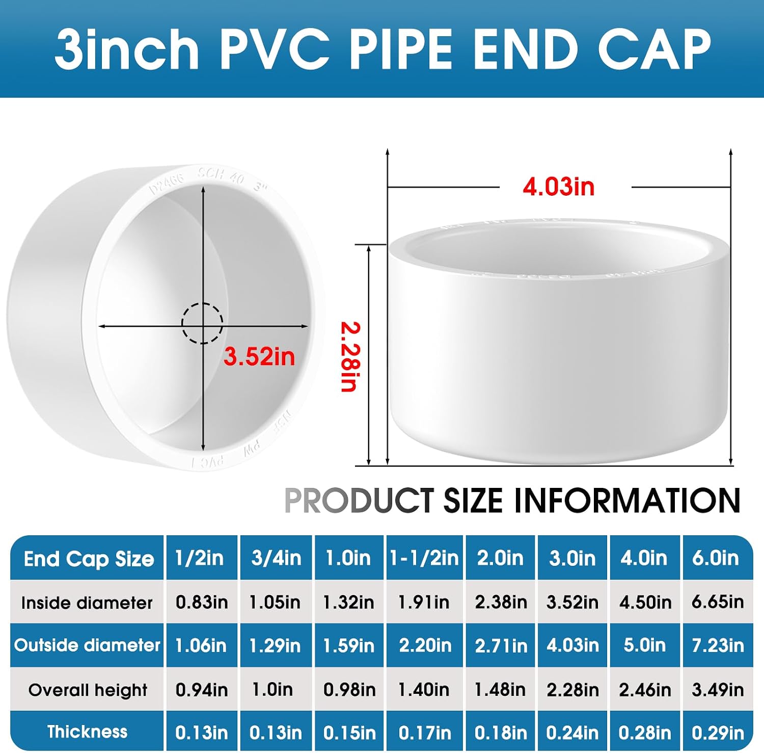 3" PVC Pipe End Cap Fitting, 4PCS SCH40 Furniture Grade PVC Pipe Plug Adapter, White Pipes Slip End Caps Sockets for Built Furniture DIY Garden Shelf
