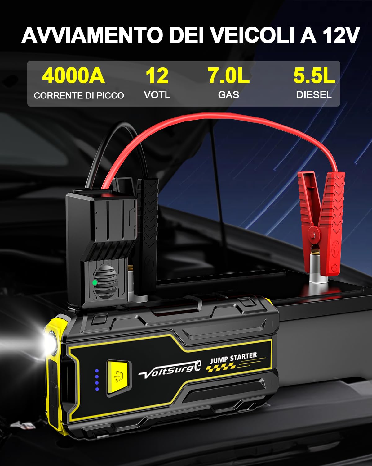 Avviatore Batteria Auto, 4000A Avviatore di Emergenza per Moto (per Motori Fino a 7.5L Benzina/5.0L Diesel) 12V Booster Avviamento Auto con Torcia a LED