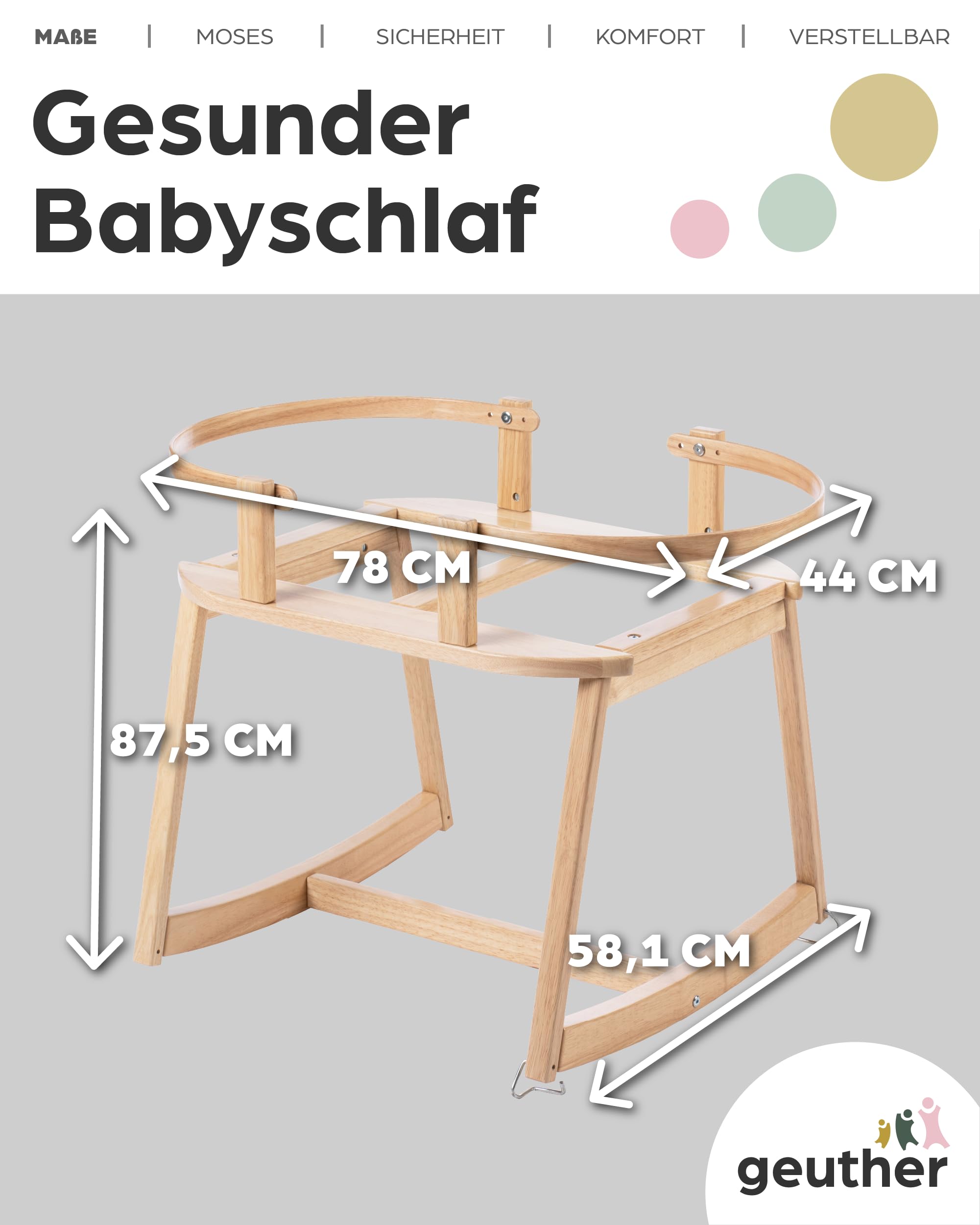 Geuther Untergestell für Moseskorb Baby | Stubenwagen mit Schaukelfunktion für Geuther Babynestchen, Baby Beistellbett | aus nachhaltigem & massivem Gummibaumholz, Baby Bett Gestell, naturfarben