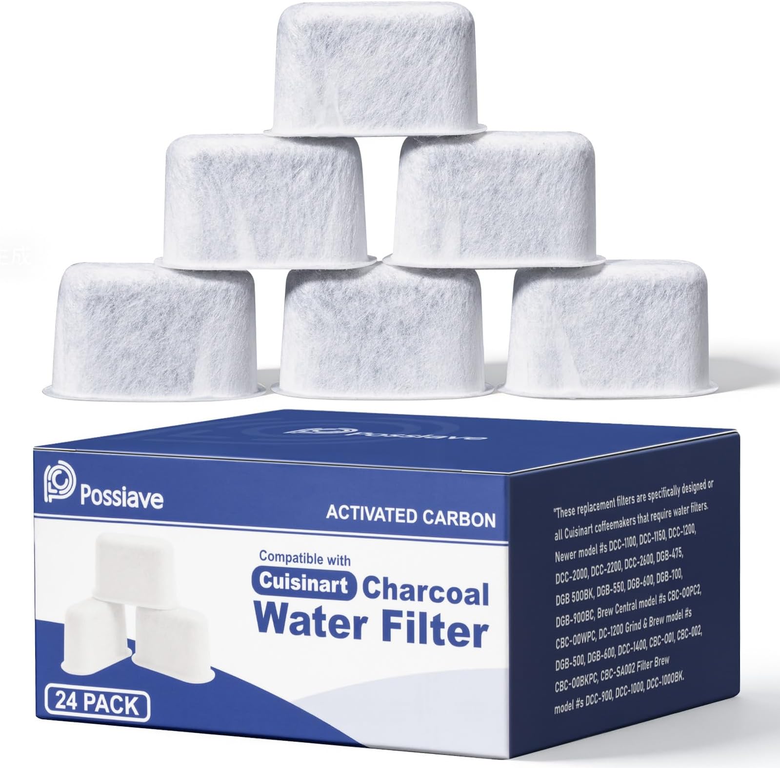 Replacement Charcoal Water Filters -Removes Chlorine, odors, and others impurities from Water -Better Tasting Coffee-for Cuisinart Coffee Machines- Set of 24 pack