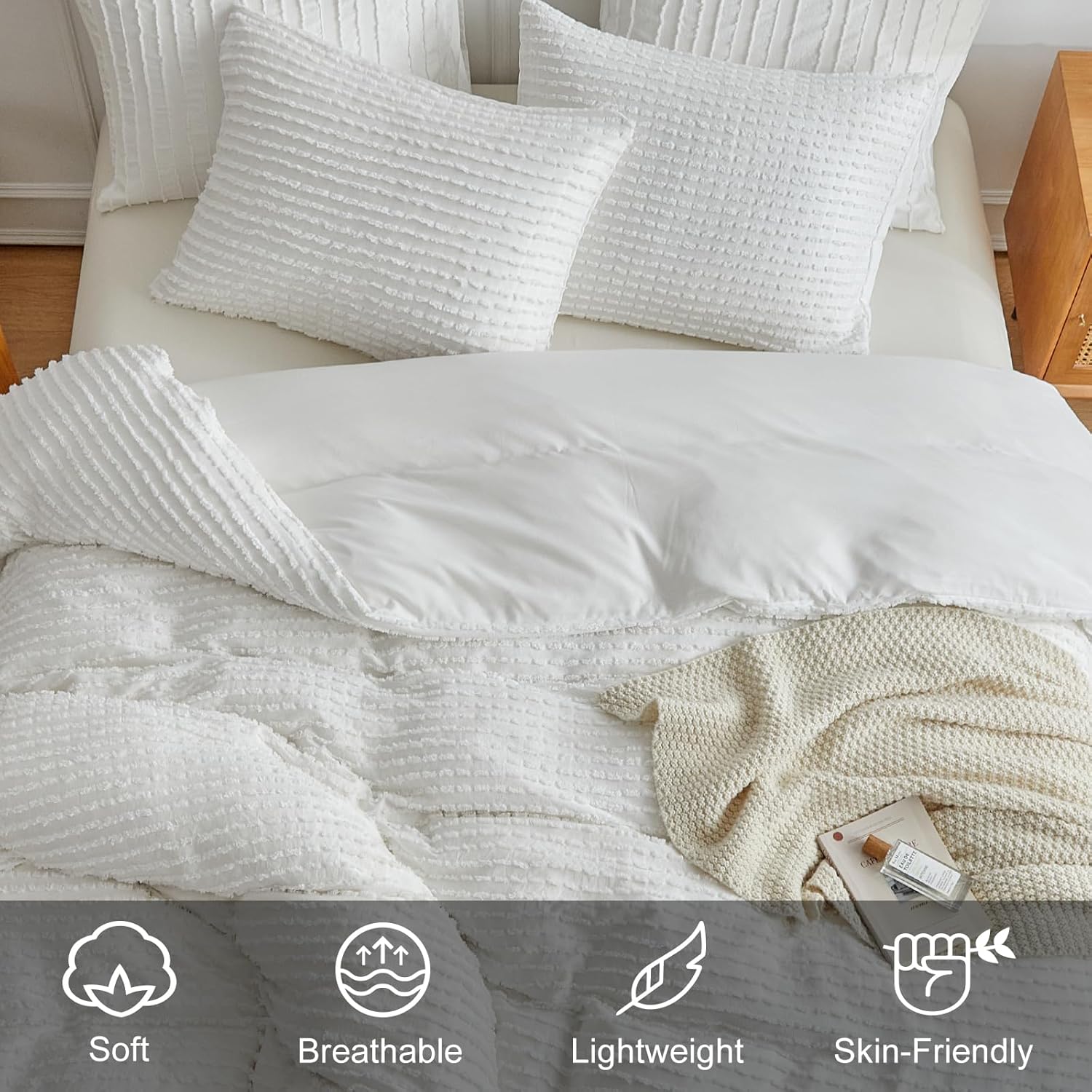 WARMDERN Boho Duvet Cover Set Queen Size,White Striped Duvet Cover Microfiber Bedding Set,3PCS Ultra Soft Breathable Lightweight Tuft Texture Pattern Duvet Covers with Zipper Closure(White,Queen) - Image 3