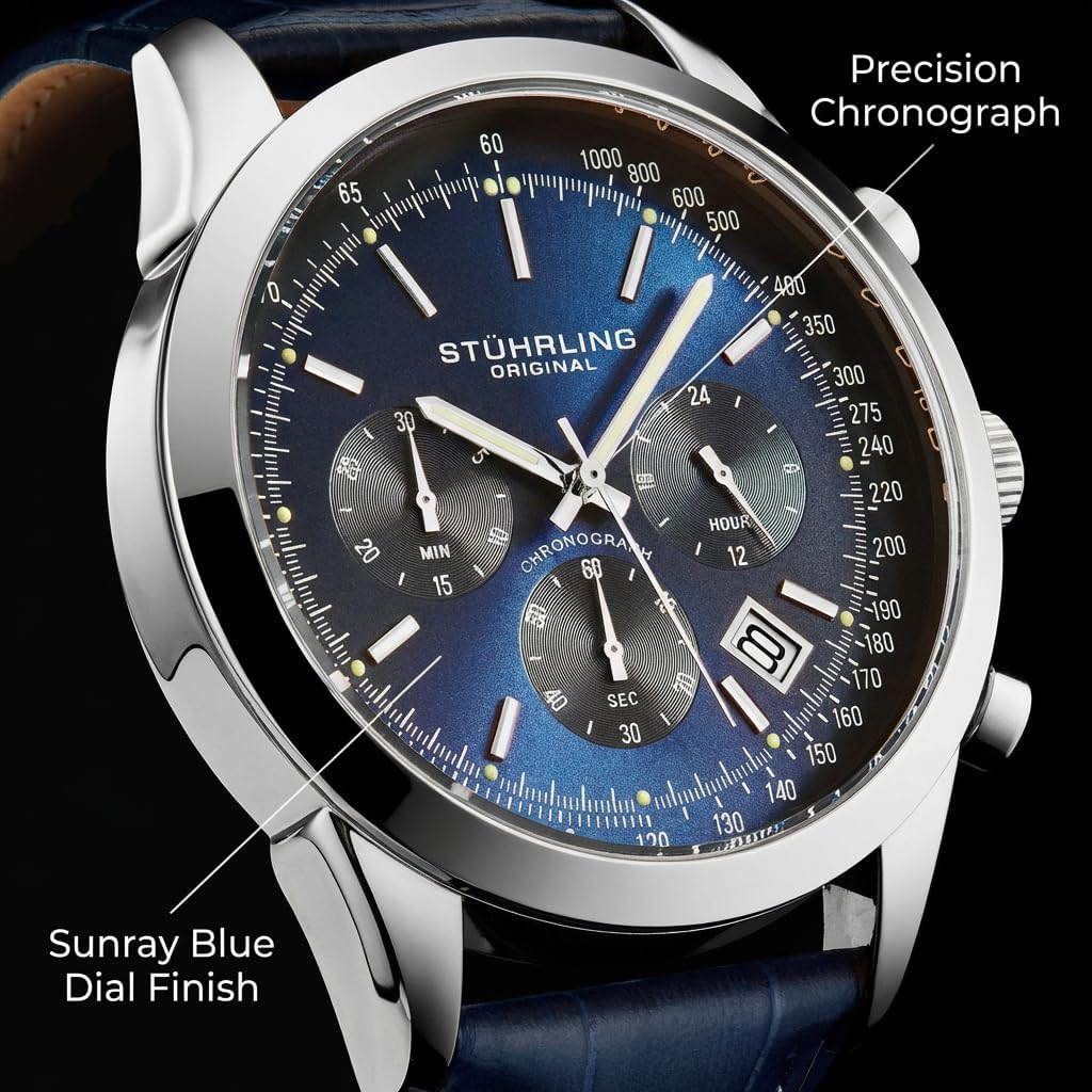 Stuhrling Original Rialto Men’s Chronograph Watch – Stainless Steel Classic Watch for Men, Water Resistant Men’s Watches, Luxury Analog Dress & Sport Watch for Men, Durable Men’s Wrist Watch