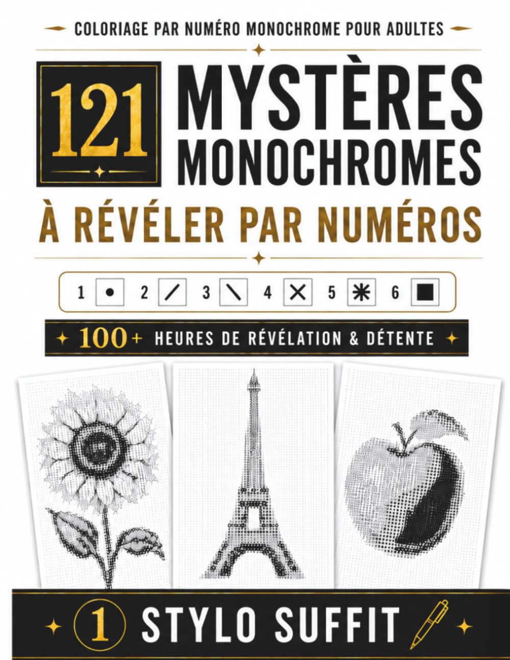 Coloriage Mystère Monochrome par Numéros: 121 images à révéler avec un seul stylo — 6 symboles faciles, pages recto seul et détente sans écran