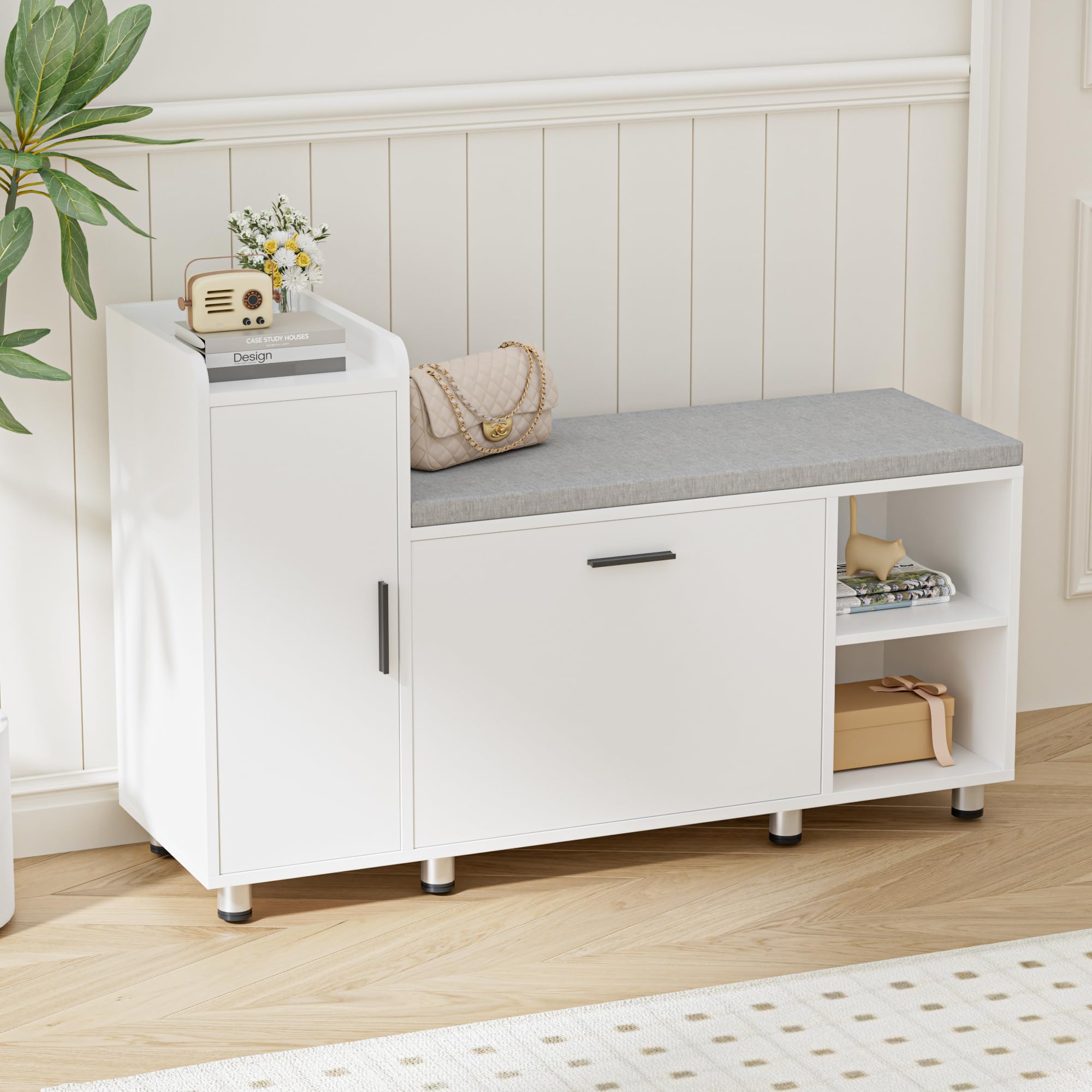 BonVache Banco Zapatero con Asiento y Solapa, Altura Ajustable, Organizador Zapatos con Armario de Almacenamiento y 3 Espacios Abiertos, para Entrada, Pasillo, recibidor, 105 x 34 x 67cm, Blanco
