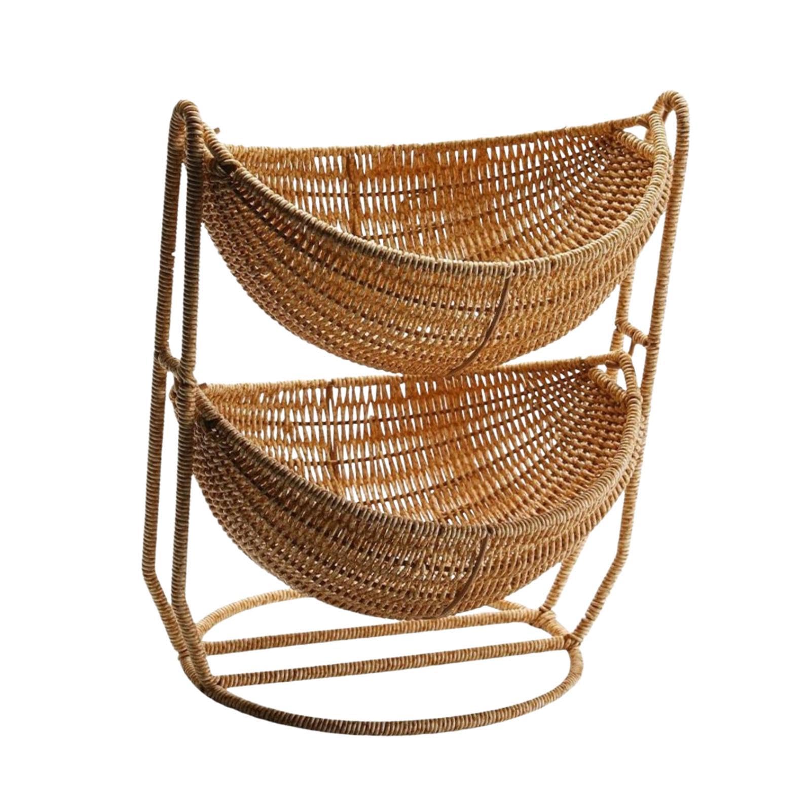 Fenteer Woven Fruit Basket, 2 Tier, Fruit Holder for Holiday Household Wedding Kitchen