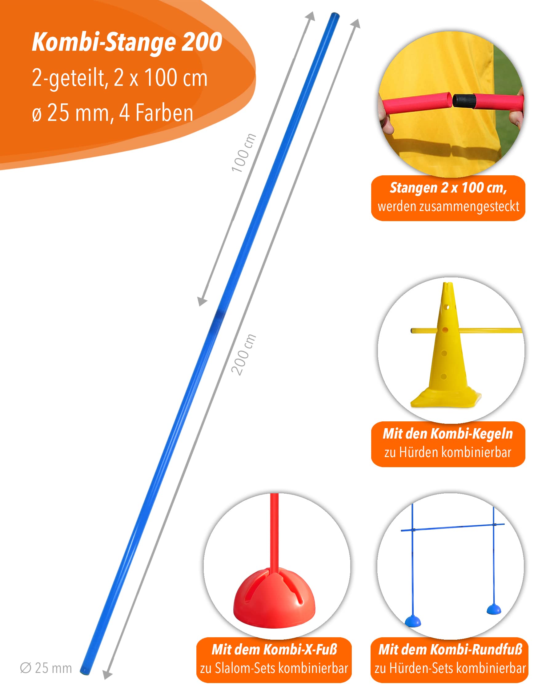 Kombi-Stange 200 cm – 2-geteilt – 2 x 100 cm – ø 25 mm – für den Aufbau von Hürden- & Slalom-Parcours – für Fußball, Leichtathletik & Hundesport