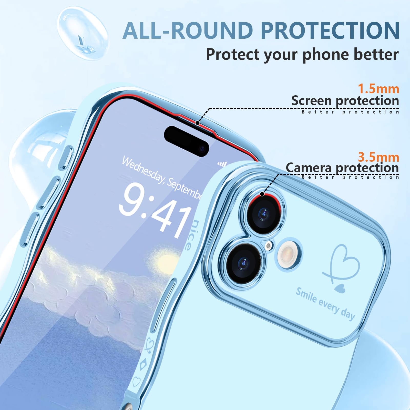 LCHULLE for iPhone 16 Plus Case for Women Girls,Cute Curly Wave Frame Shape Love Heart Pattern Phone Case,Raised Camera Protection Plating Shockproof Cover for iPhone 16 Plus 6.7",Blue - Image 4