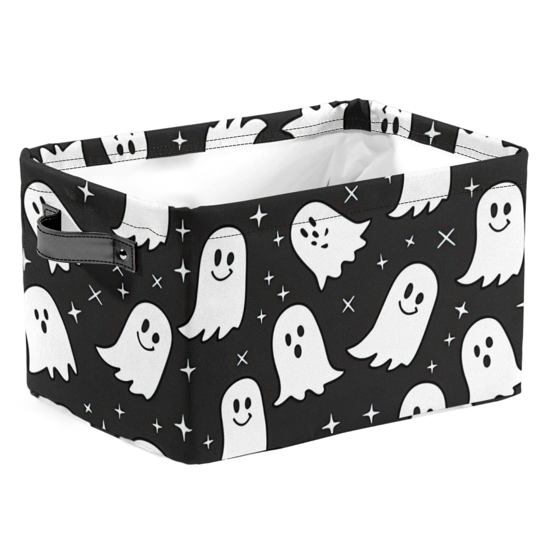 Ameble Ghost Basket Rectangular Spooky Halloween Basket Cute Kids Storage Organizer with Handle Room Decor for Halloween Parties 14.2x10.2x8.3in