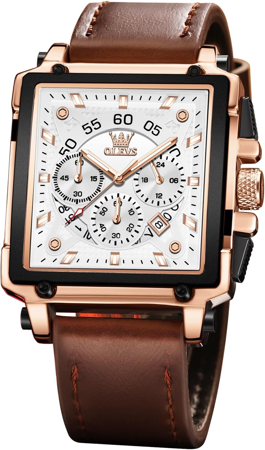 OLEVS Watches for Men Quartz Chronograph Leather Fashion Dress Watch Date Waterproof Luminous Casual Square Business Wrist Watches
