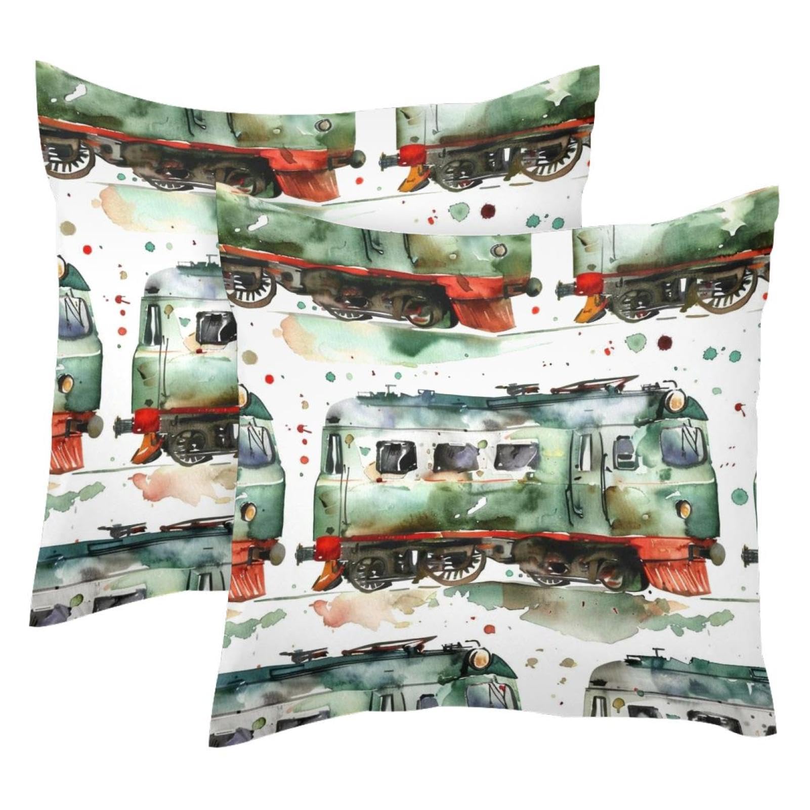 Housses de coussin en velours vert 50x50 cm motif train rétro | Lot de 2