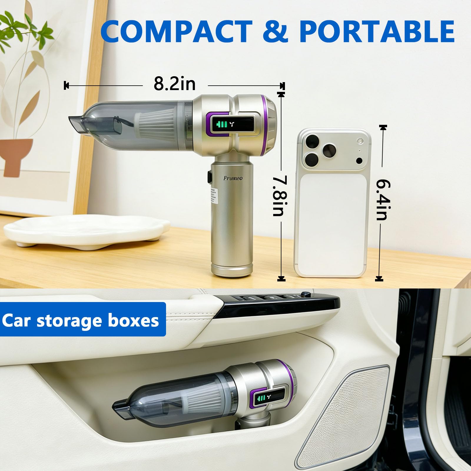Frumeo 7-in-1 Powerful Car Vacuum Cleaner Cordless, 22000PA Mini Handheld Vacuum with LED Display, 3 Modes, Brushless Motor Portable Duster Blower Pump Hand Vacuum for Car, Home, Office - 5