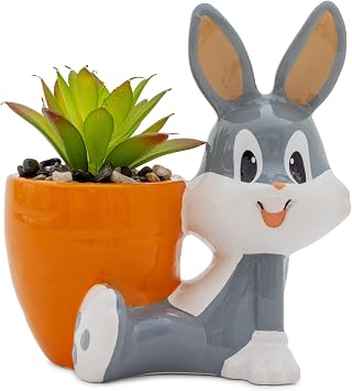 Silver Buffalo Looney Tunes Bugs Bunny 5-Inch Sculpted Ceramic Mini Planter with Artificial Succulent | Cute Flower Pot, Faux Indoor Plants