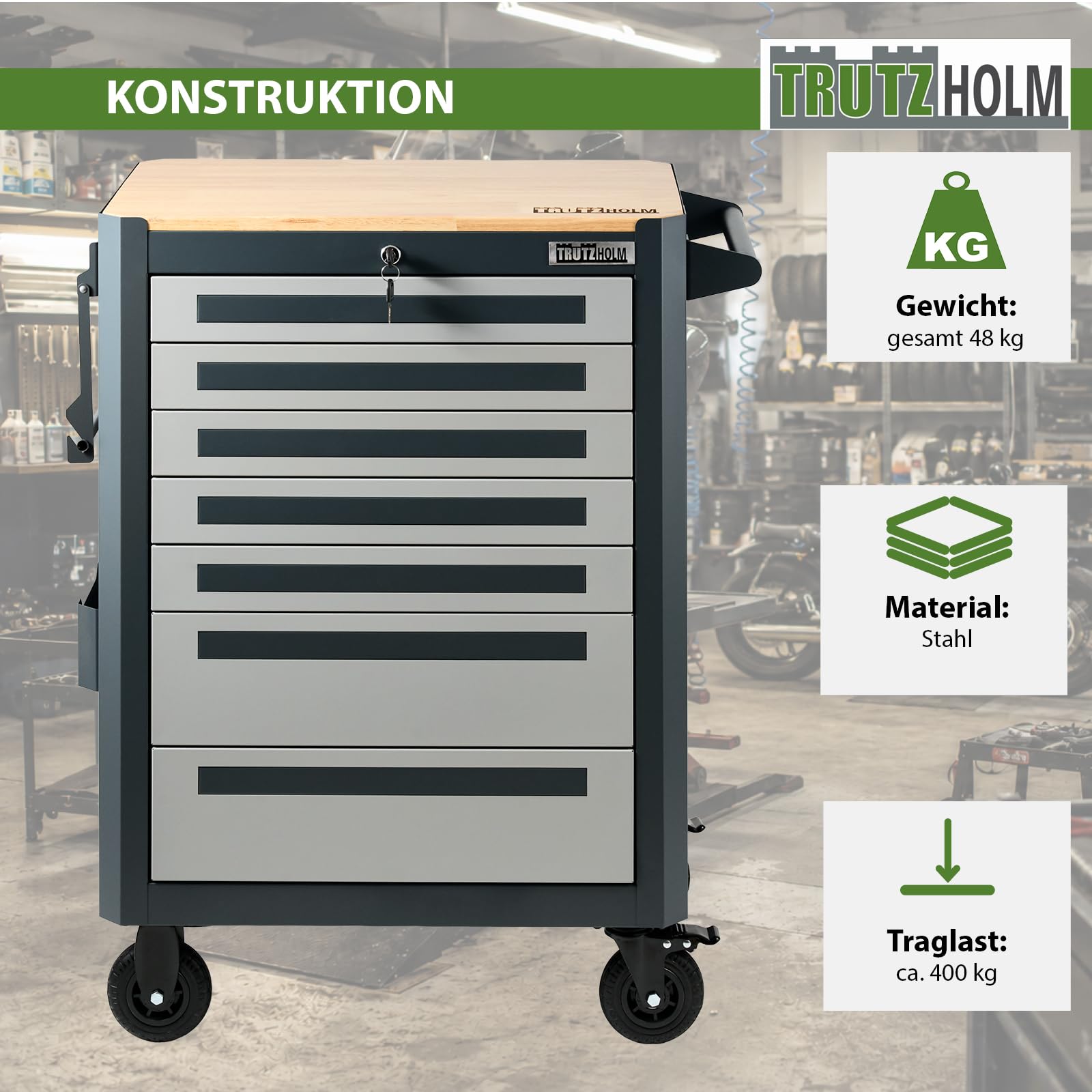 TRUTZHOLM Werkstattwagen 99x82 cm Werkzeugwagen leer mit 7 Schubladen, Holzarbeitsplatte, rollbar, Werkzeugschrank mit Rollen, Papierrollenhalter, Steckfach, Anthrazit Grau
