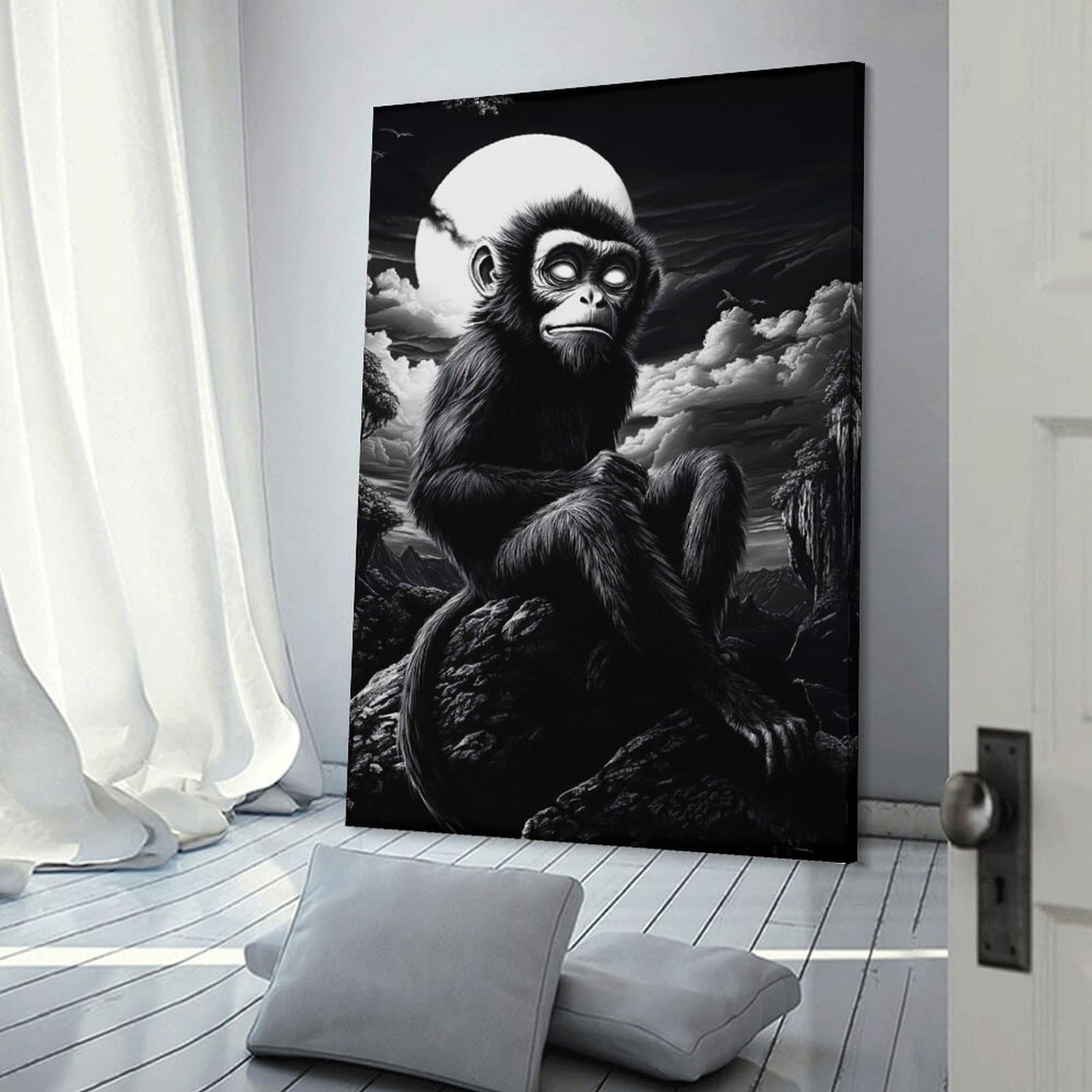 Junmoney Canvas Wall Art Monkey Under The Moon, 24x36inch(60x90cm), for Corridors, Hallways Or Apartment Entries, Decorative Canvas Styling for Entry Areas