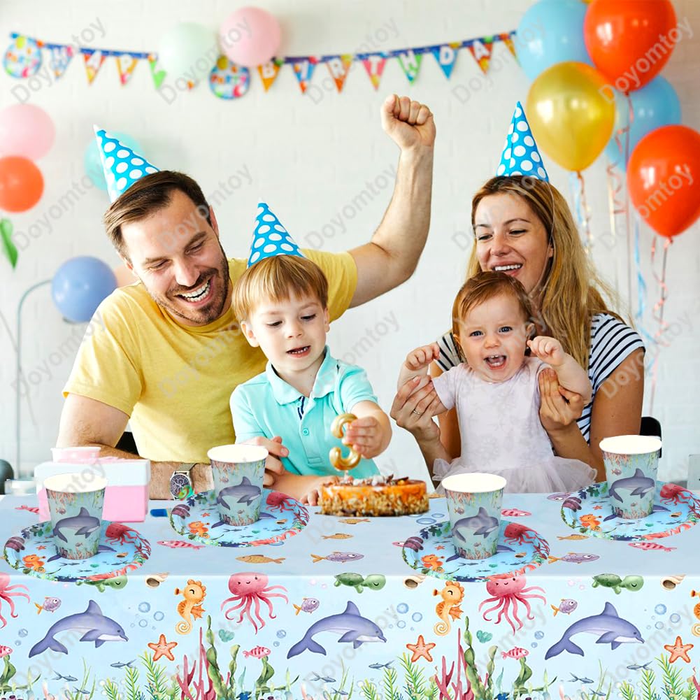 pekifaves Oceaanfeestserviesset, feest-haai-serviesset, kinderverjaardag, papieren borden, mokken, servetten voor 16 gasten, verjaardagsdecoratie jongen, doop, verjaardagsfeest