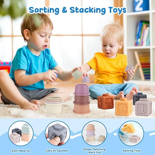 Miniatura 4 de Juguetes Montessori 5 en 1, juguetes para bebés de 6 a 12 meses, juguetes sensoriales para niños pequeños con cubo sensorial, juguetes apilables