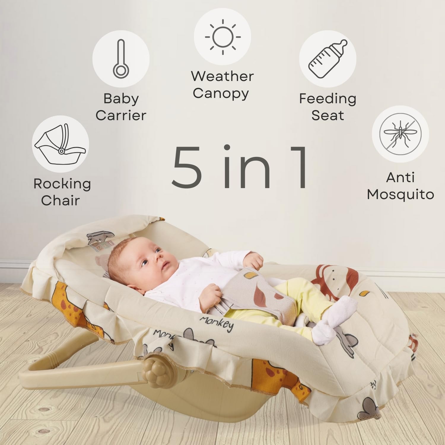 Mama Luv Mee 5 in 1 DLX Baby Carry Cot & Rocking Chair with Adjustable Handle | Large Canopy | Safety Lap Belt | Anti-Mosquito | Double Cushioned Washable Seat (Beige) (5 in 1) - Image 4 thumbnail