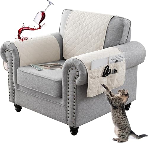 Funda impermeable para reposabrazos de sofá con bolsillos, funda alargada para reposacabezas, acolchada y antideslizante, protector de muebles para