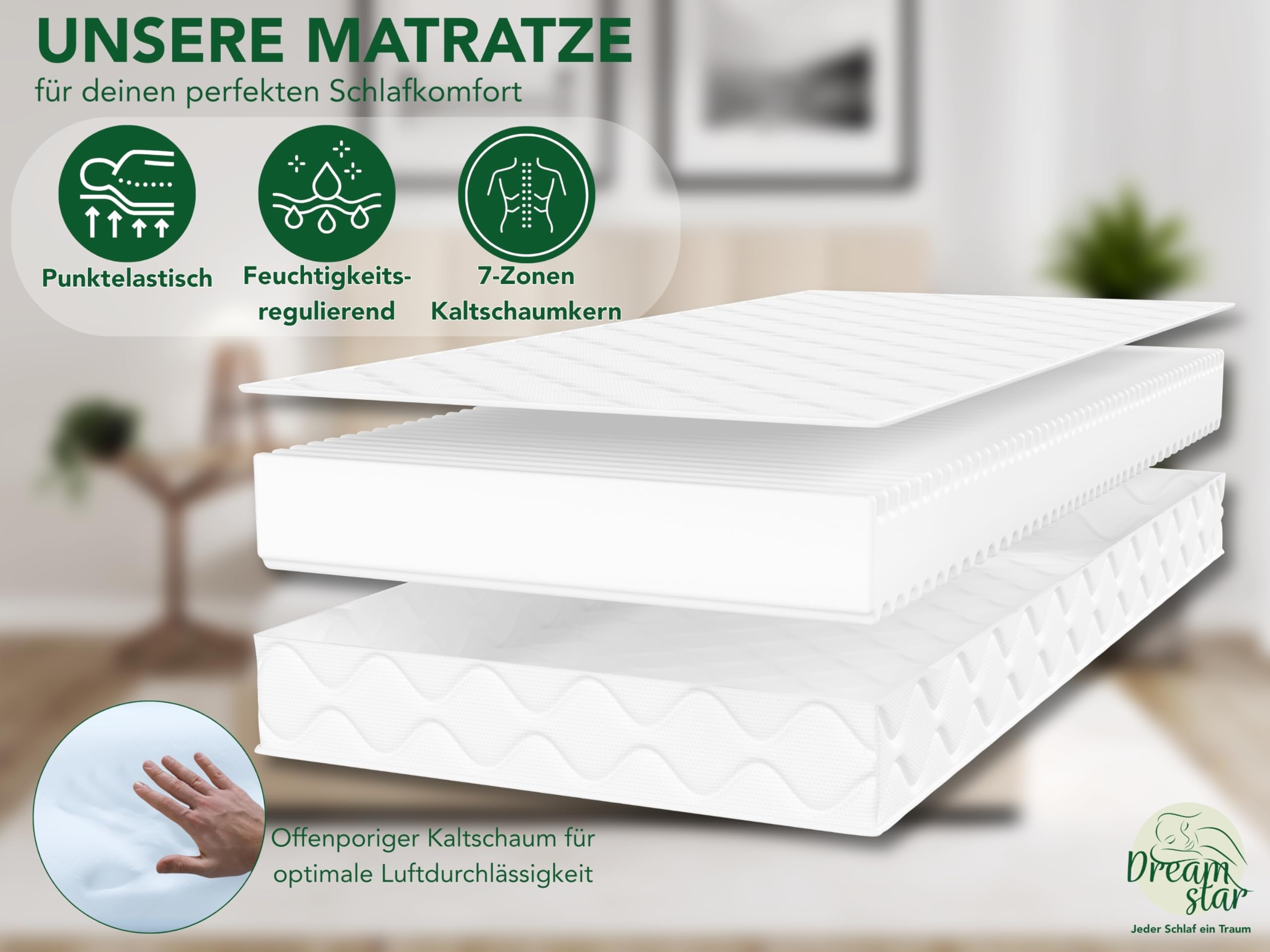 DREAMSTAR Ergo Flex Duo I Colchón ergonómico de espuma fría de 7 zonas, 16 cm de alto, certificado Öko-Tex, dureza 3 y 4 (H3 y H4), fabricado en la UE, 160 x 200 cm
