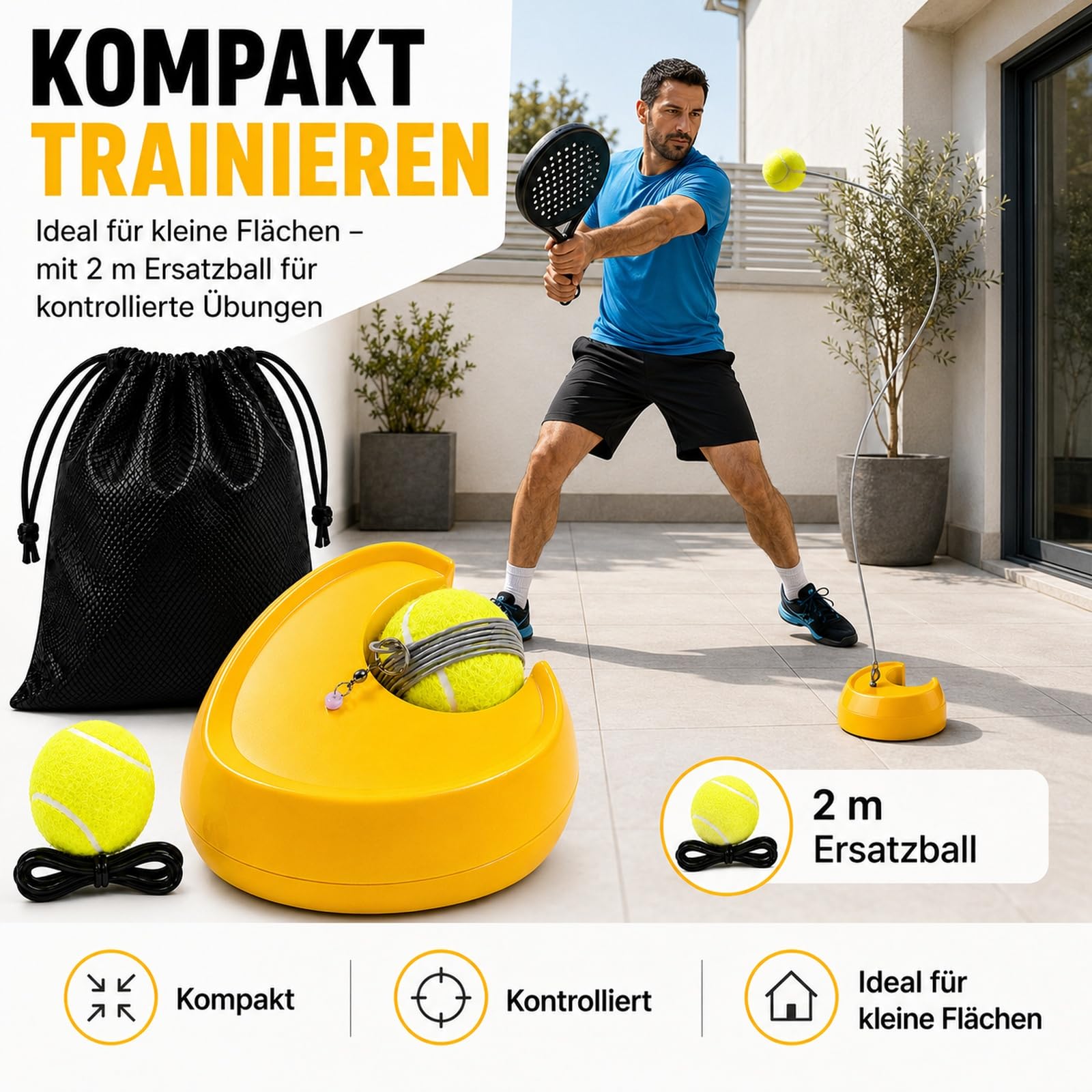 Tennis Trainer Set mit Ball an Schnur – Tennistrainer mit standfester Basis ohne Wasserbefüllung, 2 m Schnur + Ersatzball mit 4 m Schnur, Beutel, Solo Trainingsgerät für Tennis & Padel