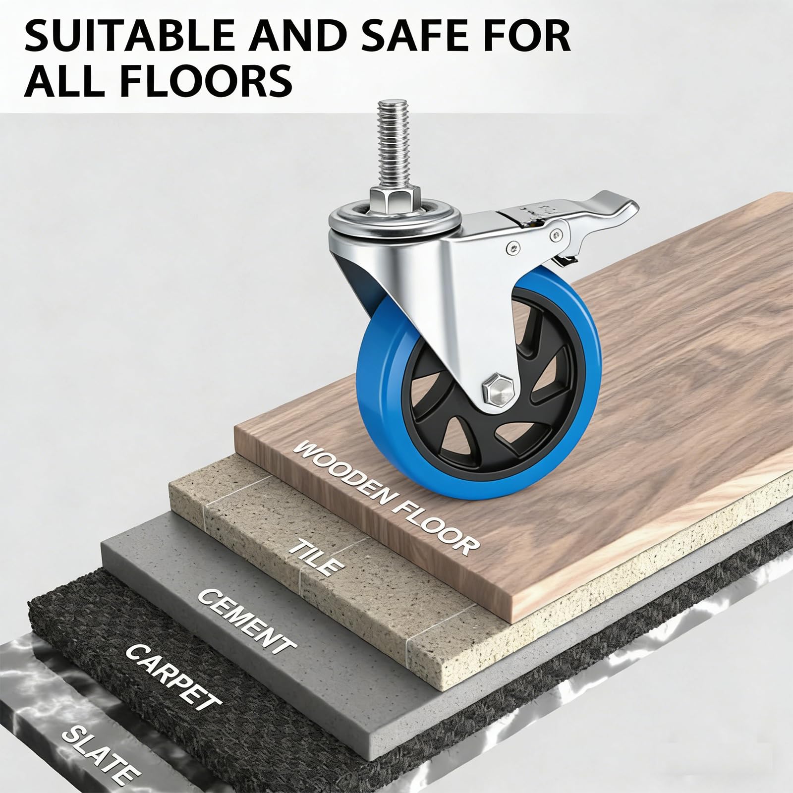 100MM Ruedas para Muebles Pesados con Vástago Roscado M12 x 1,75x 30mm, Juego de 4 Ruedas Giratorias con Freno Hasta 500kg, Ruedas Pivotantes Ruedas Industriales Giratorias 360°