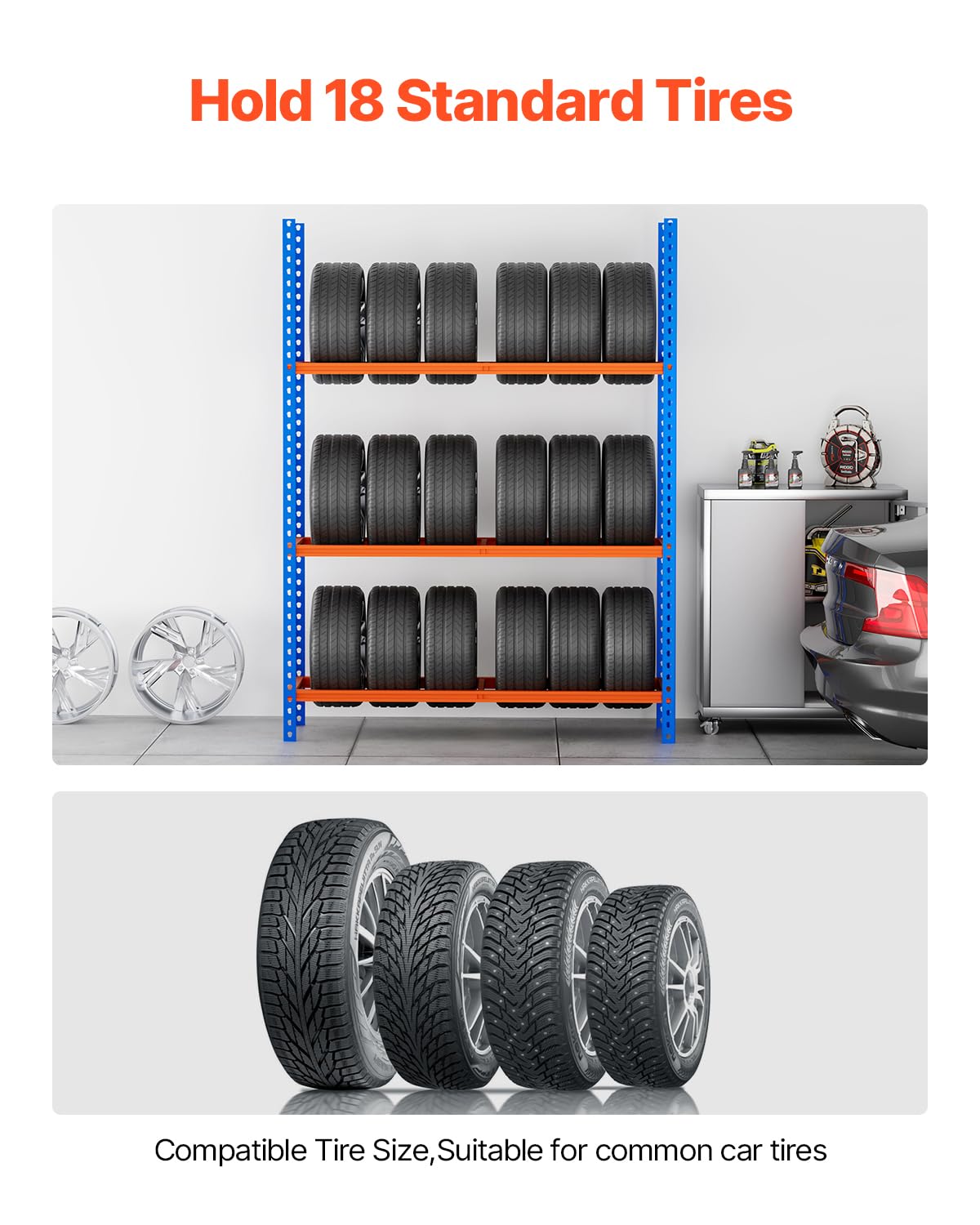 VEVOR Scaffale Porta Gomme Auto a 3 Ripiani, Fino a 18 Pneumatici Standard, Supporto Pneumatici per Impieghi Gravosi SPCC-SD con Spaziatura Regolabile per Garage e Officina, capacità di Carico 300 kg