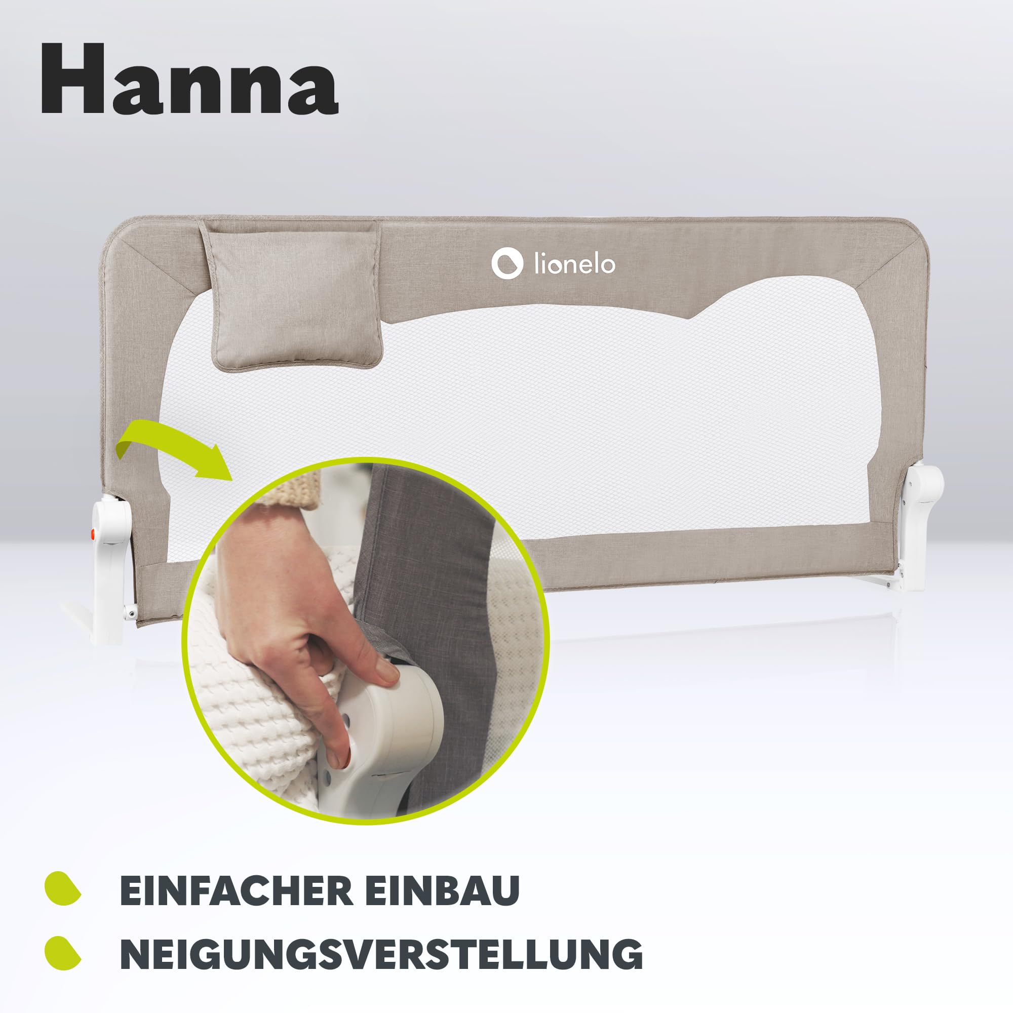 Lionelo Hanna Bettgitter Rausfallschutz 150 cm x 66 cm, zusammenklappbar um 180 Grad, luftiges Netz, einfache Montage, Standsafe-Blockade, SecureBelt, stabile Konstruktion