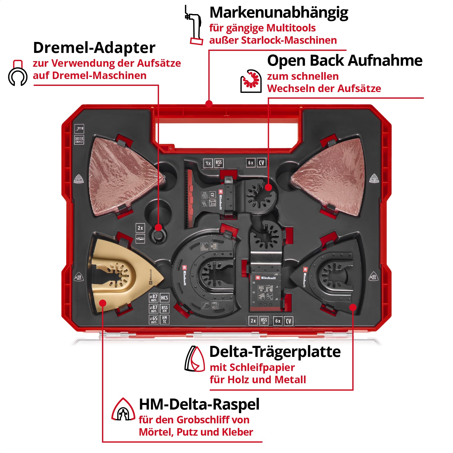 Original Einhell XXL-CASE 70-tlg. Multitool-Set (BiM/CrV-Tauchsägeblätter, HCS/HM/BiM-Halbrund-Sägeblätter, HM-Delta-Raspel, Delta-Trägerplatte, Schleifpapier, Dremel-Adapter)